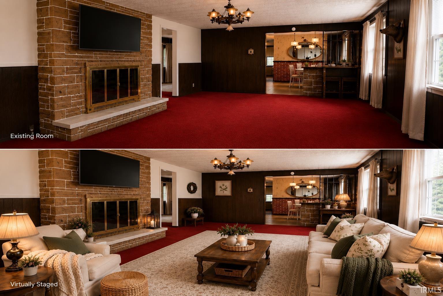 Virtual Staging Comparison. Depicting the property's main area before and after virtual furniture placement