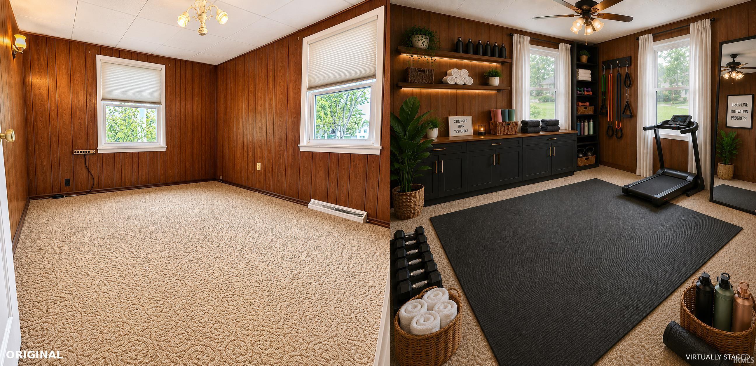 Room featuring wood-paneled walls, two white-framed windows, and carpet flooring Original Wood Floor under carpet Displaying original and virtually staged interior images of the property