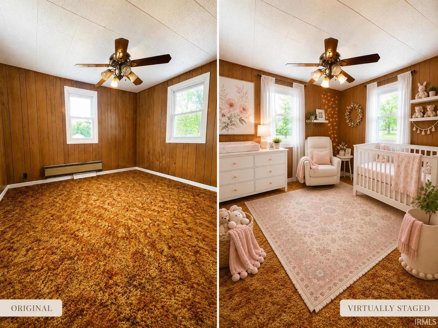 Room featuring wood paneling, two windows, a ceiling fan with integrated lighting, and wall-to-wall carpeting Original Wood Floors under Carpet Displaying original and virtually staged interior images of the property