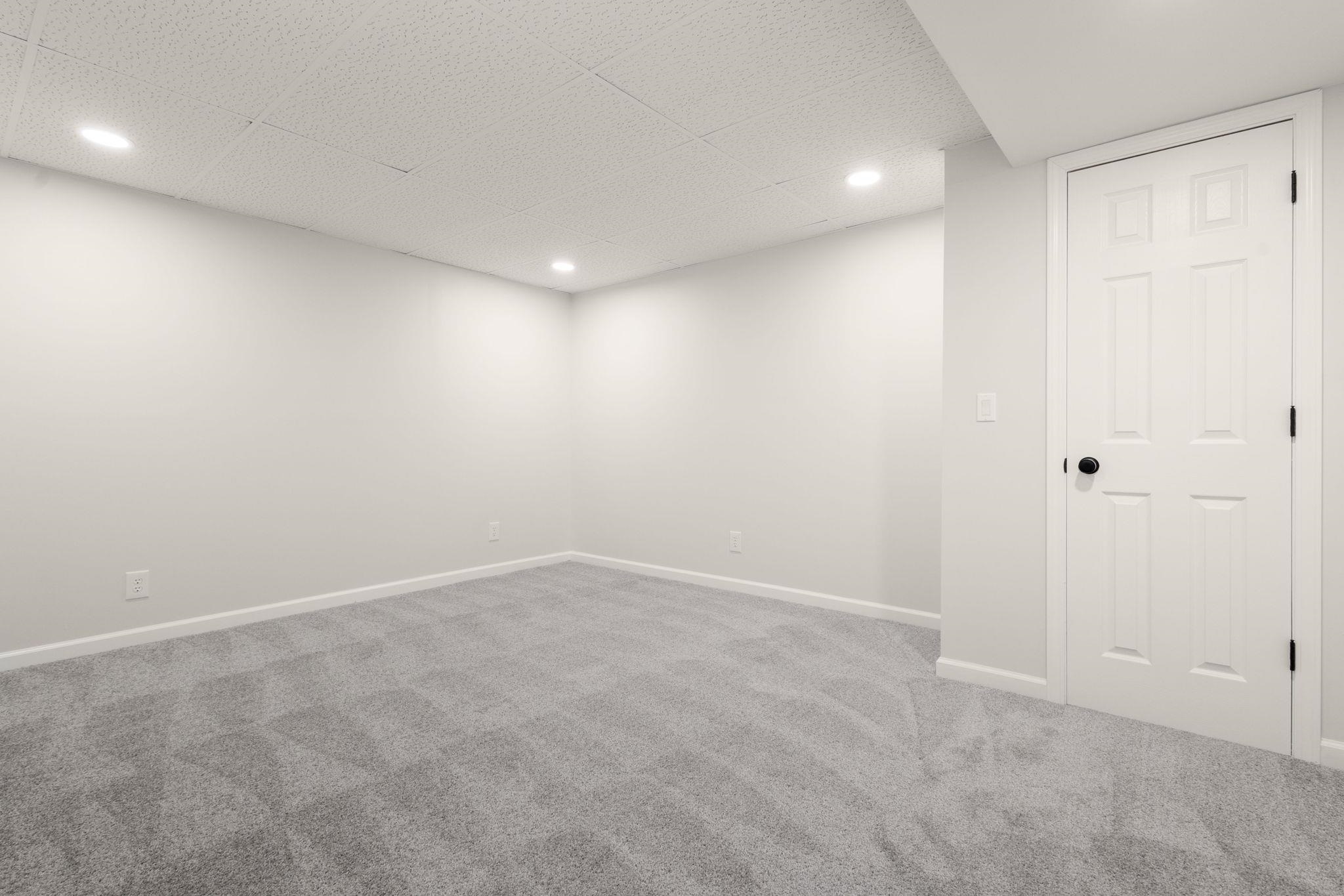 Finished room featuring neutral gray carpeting and white painted walls