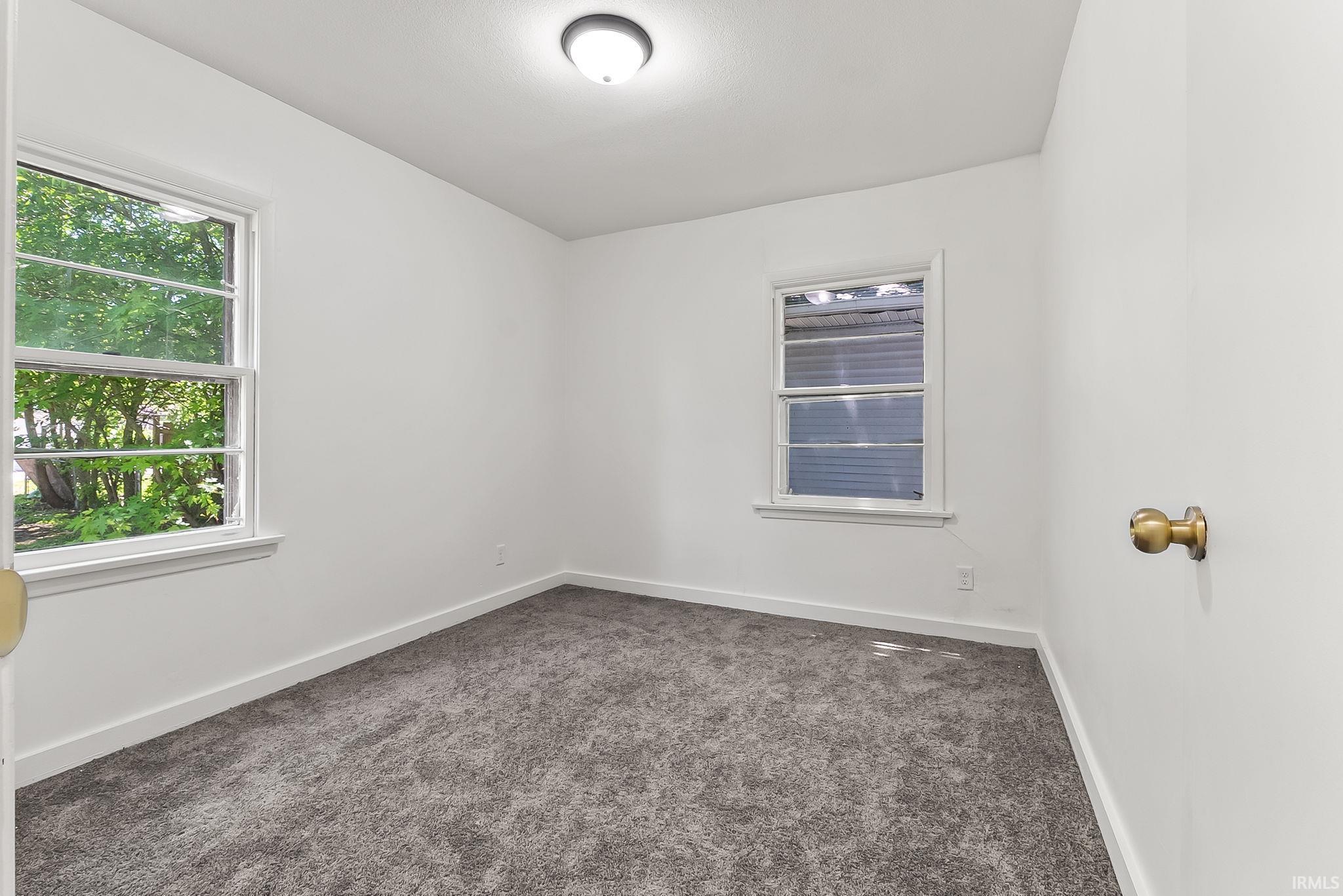 Room featuring light gray carpet flooring, white painted walls, and white trim