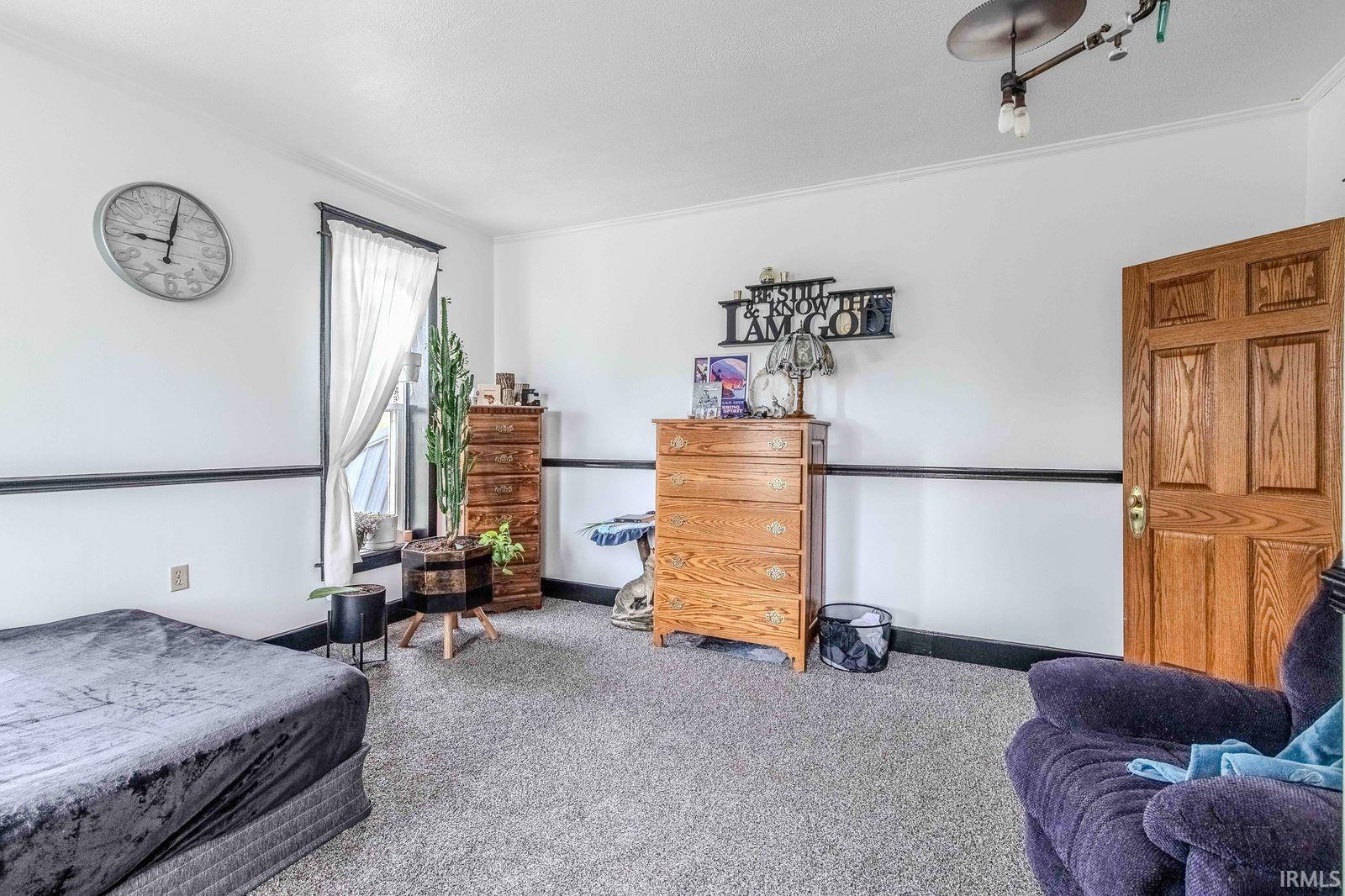 Carpeted room featuring a paneled wood door, white walls with dark chair rail molding, and a window with white drapes