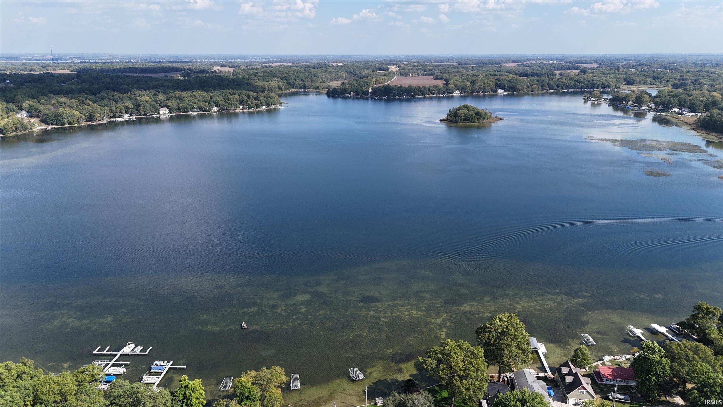 Expansive lakefront setting featuring private docks and surrounding mature trees