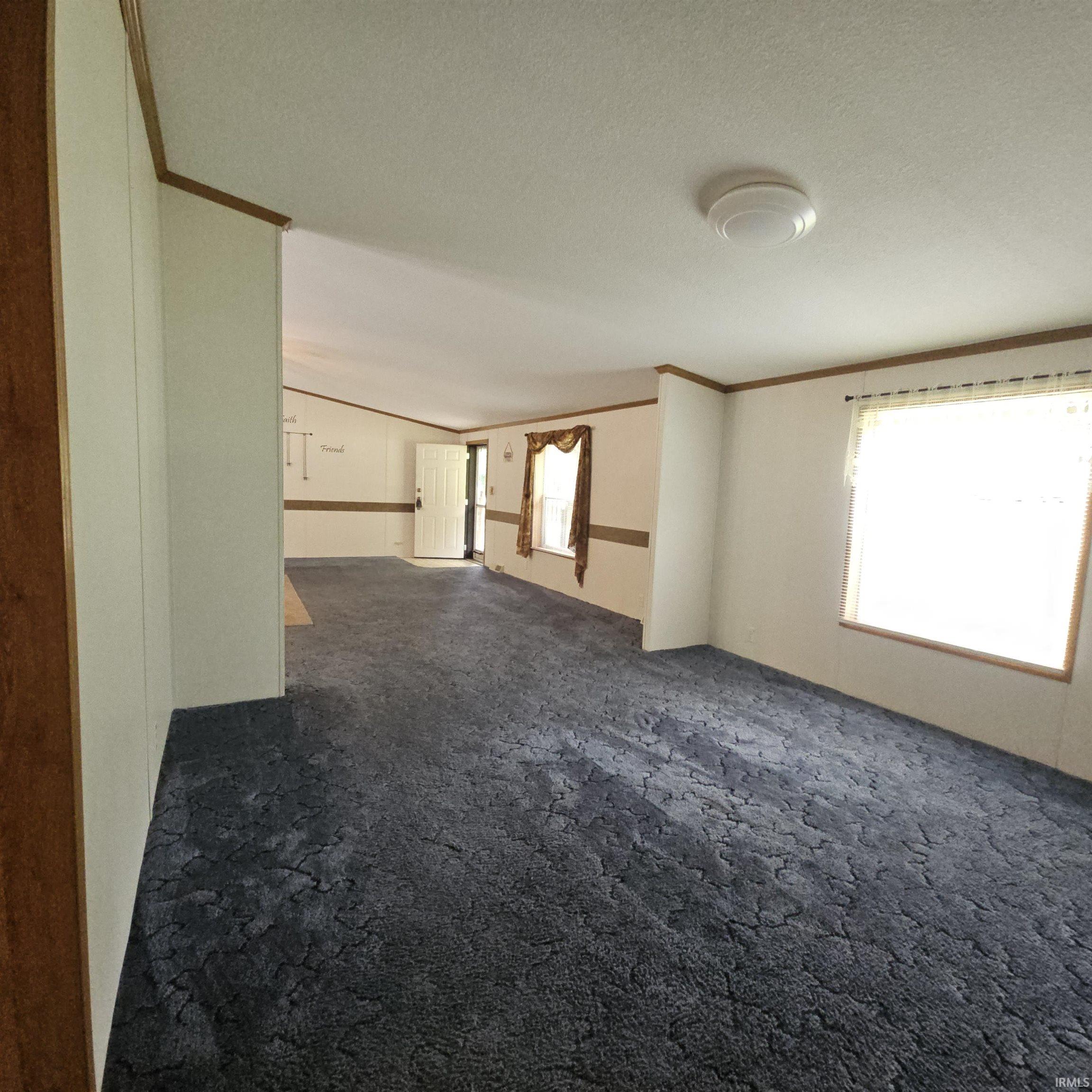 Spacious interior room featuring patterned blue carpeting, white walls with a brown accent stripe, and wood-toned trim