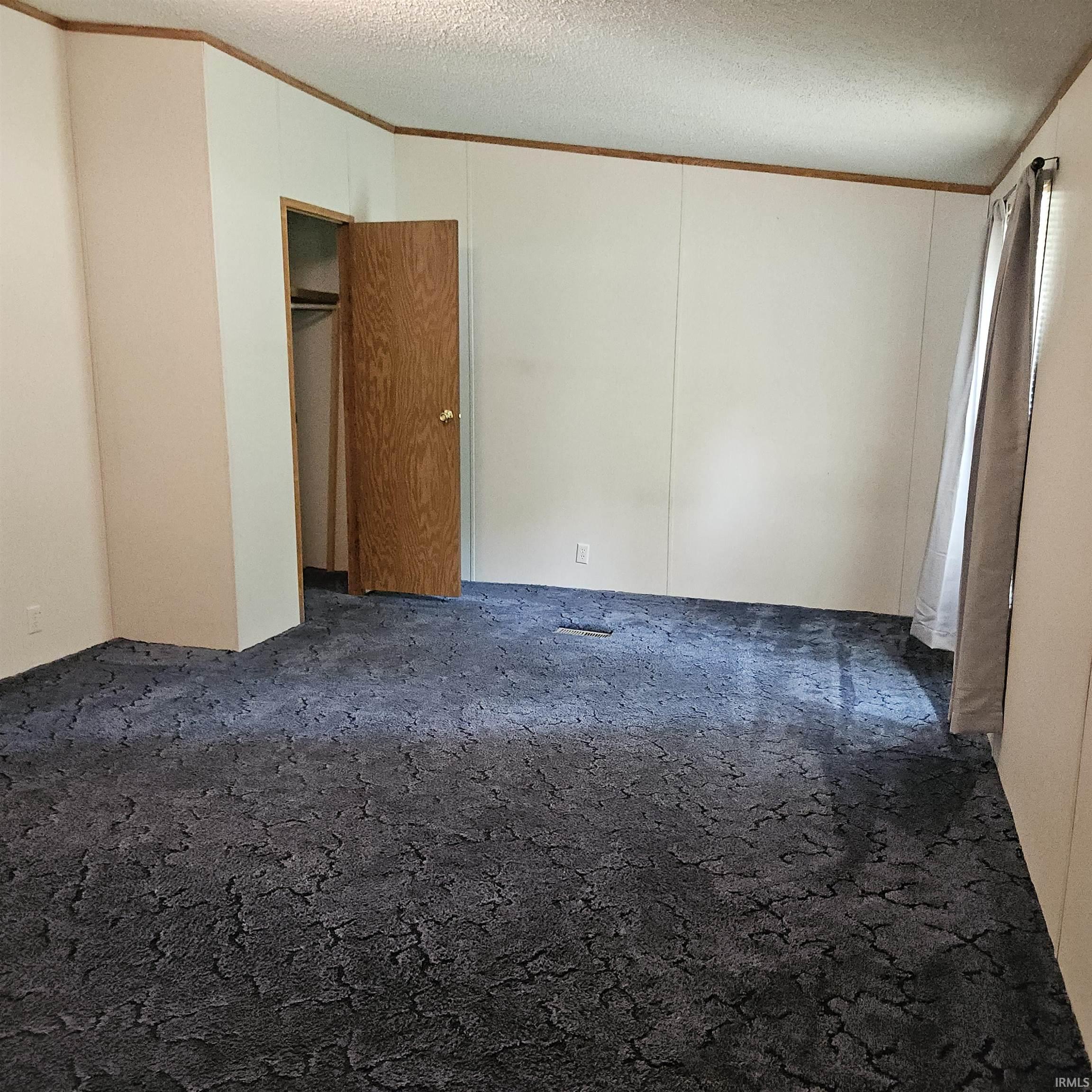 Spacious room featuring textured blue carpeting, white paneled walls, and wood trim accents
