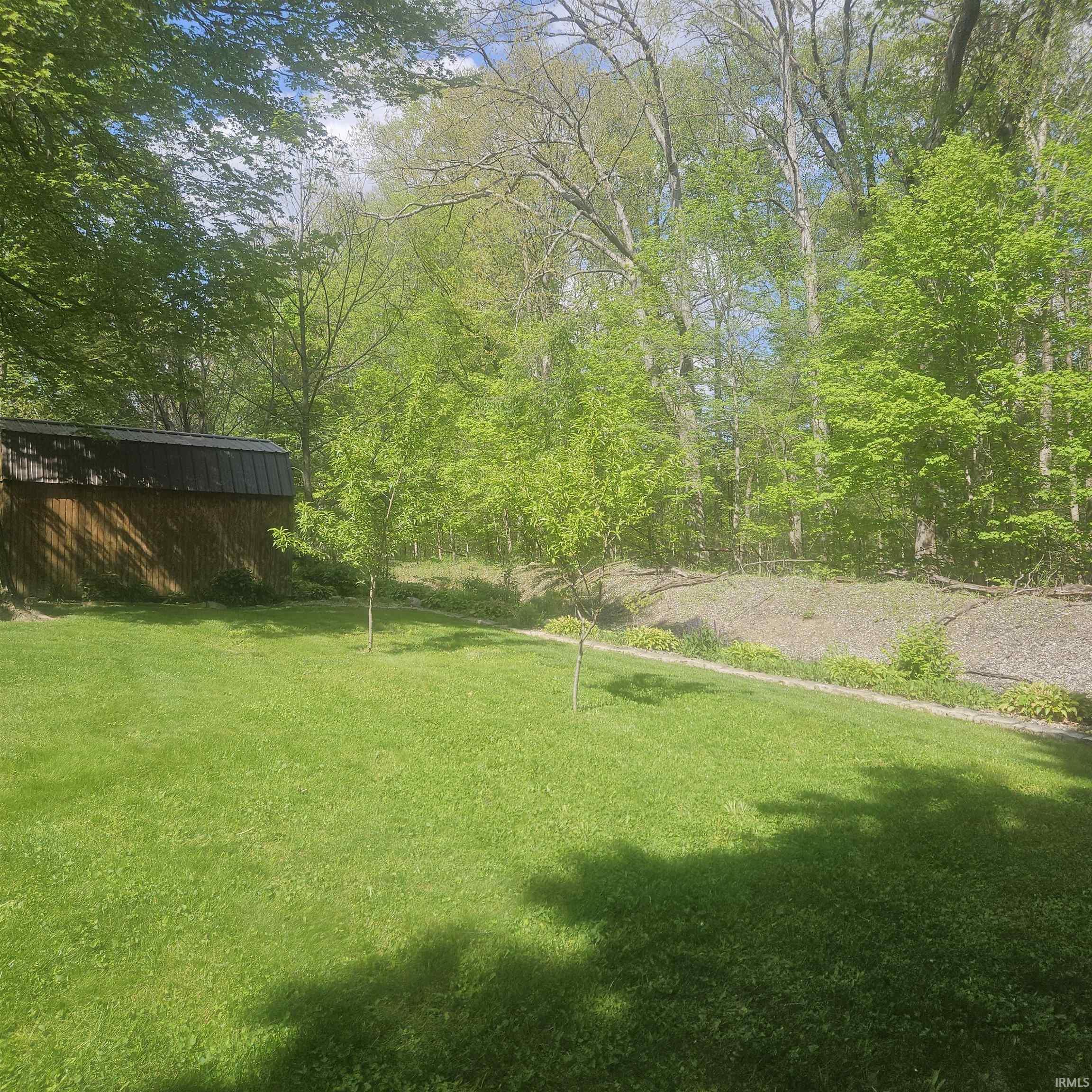 Expansive lawn with a detached shed and mature tree line