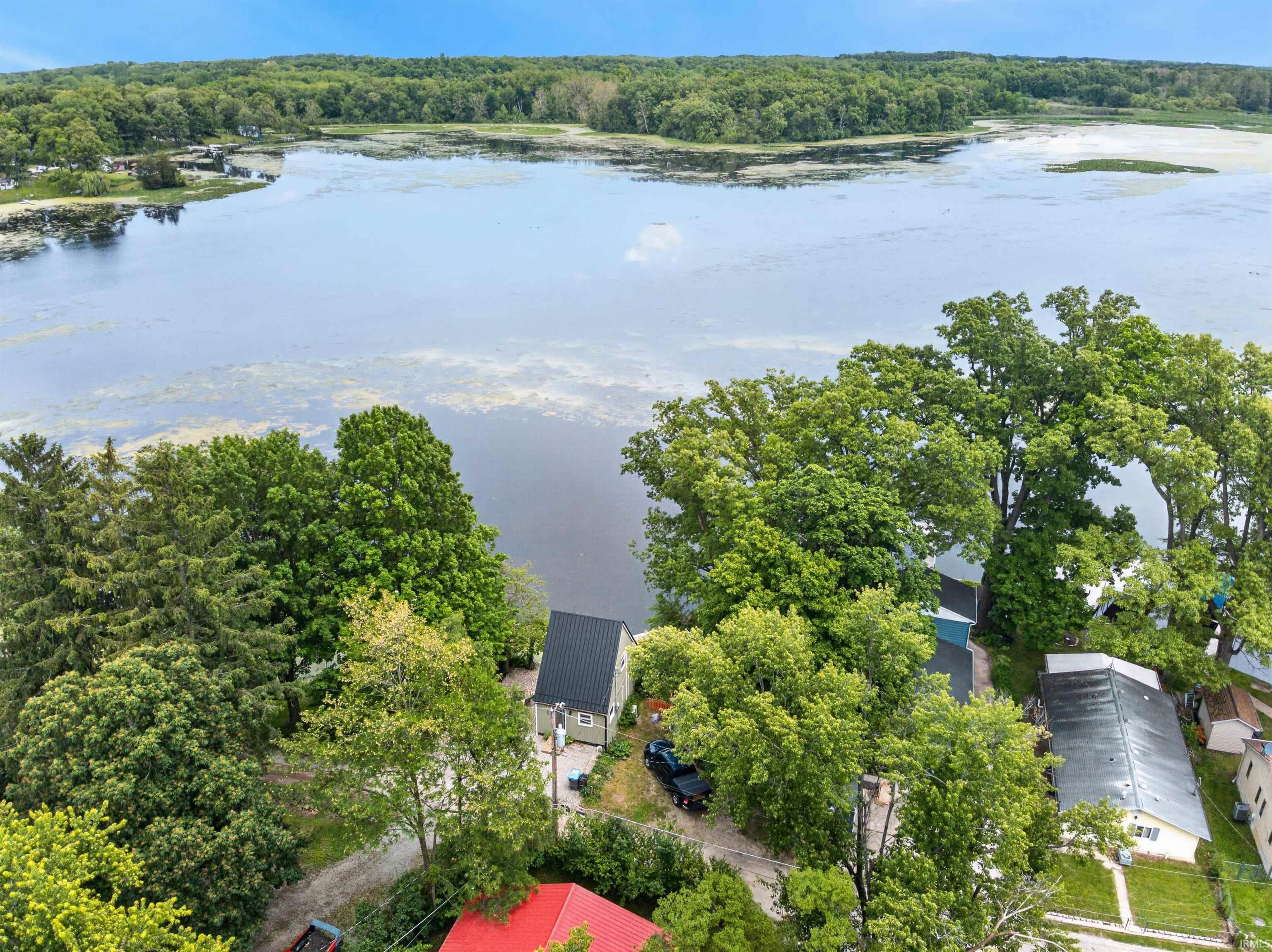 Waterfront property featuring a metal roof dwelling, mature tree coverage, and a natural shoreline