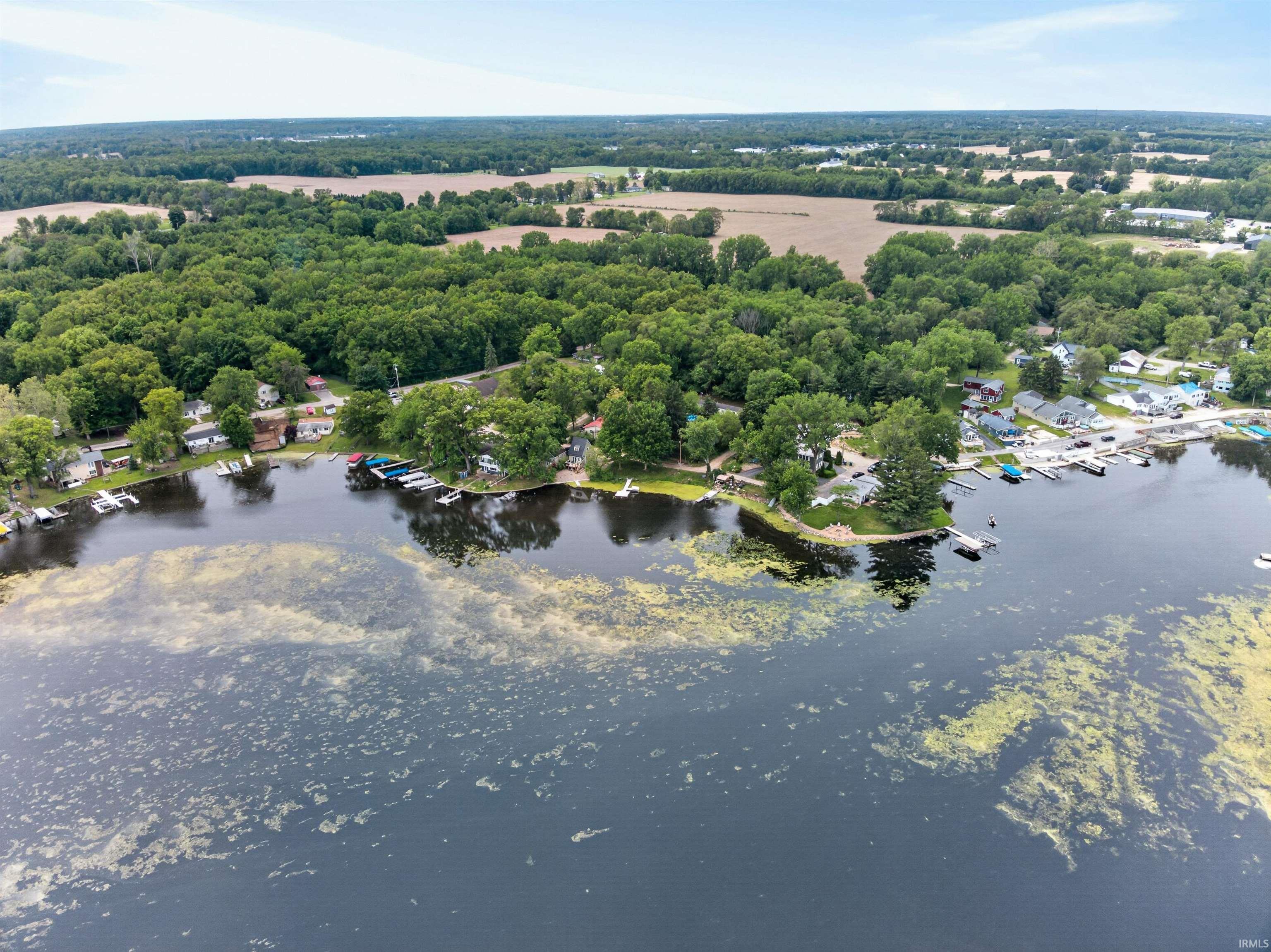 Waterfront properties featuring docks, mature trees, and surrounding natural landscape