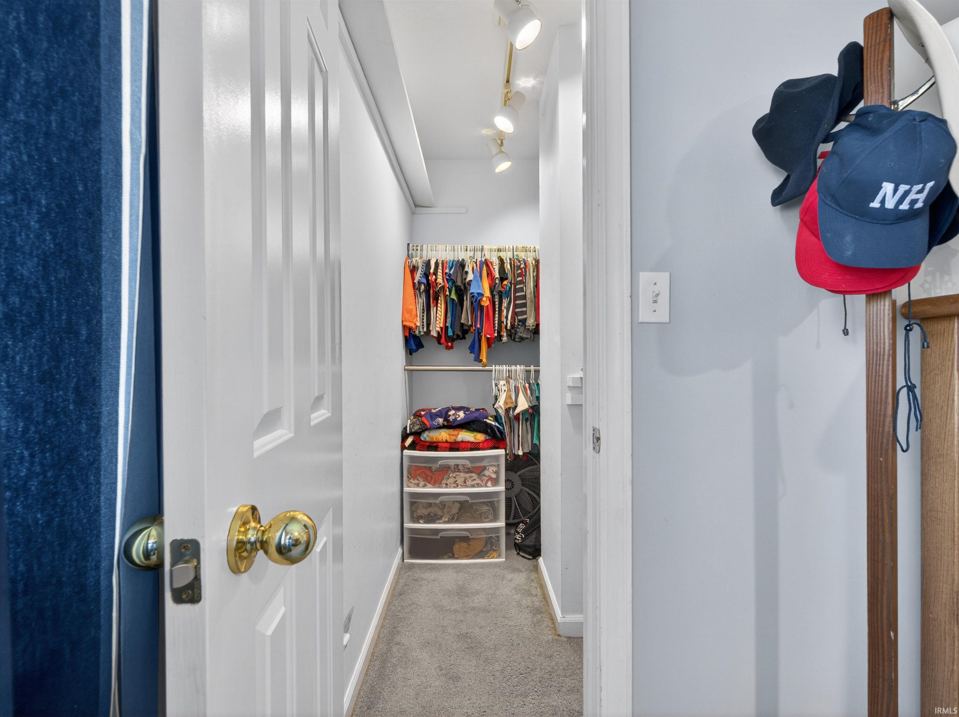 Walk-in closet featuring track lighting, built-in shelving, hanging rods, and grey carpet flooring