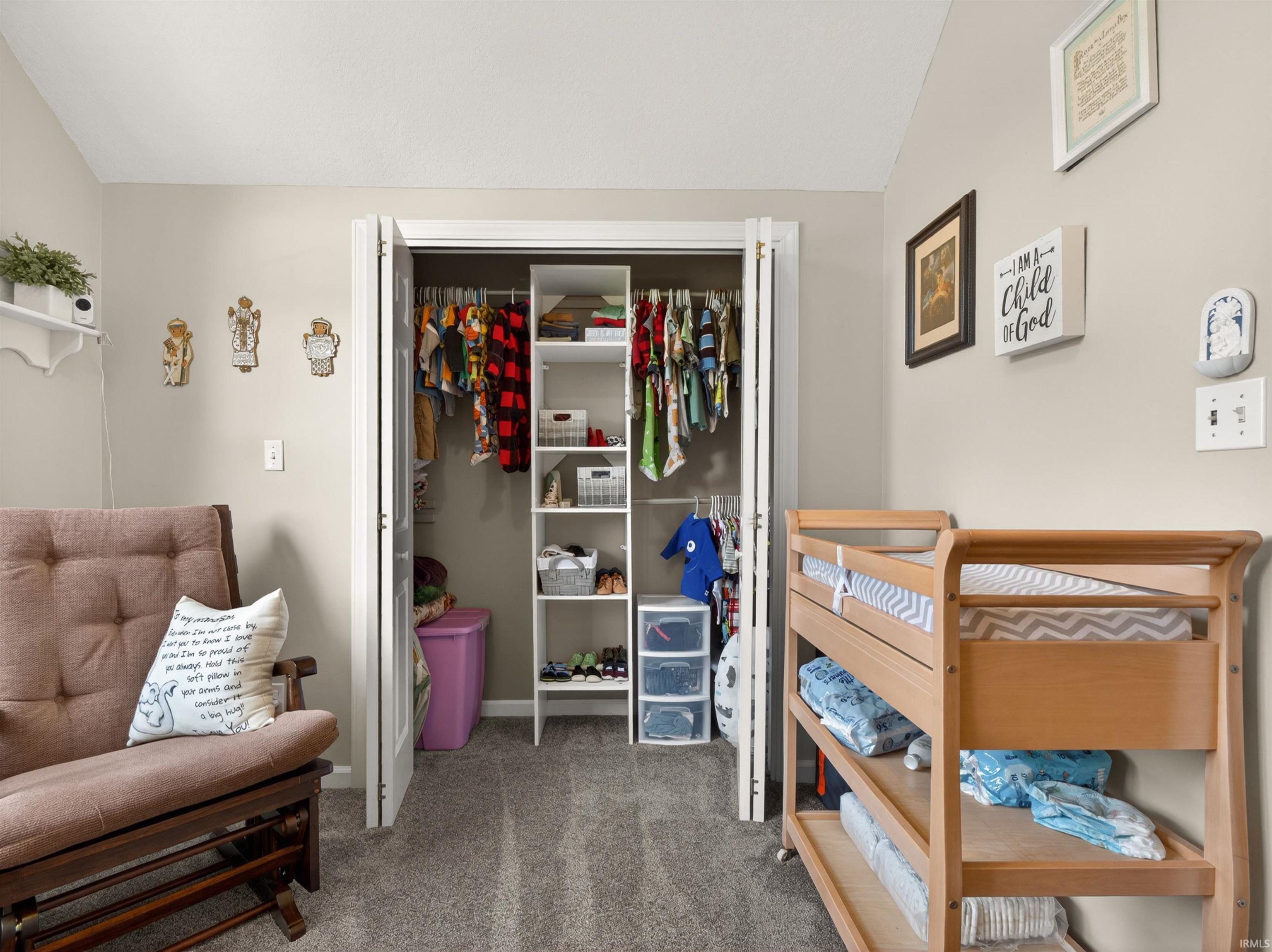 Carpeted room featuring a built-in closet with double doors and an organizational system