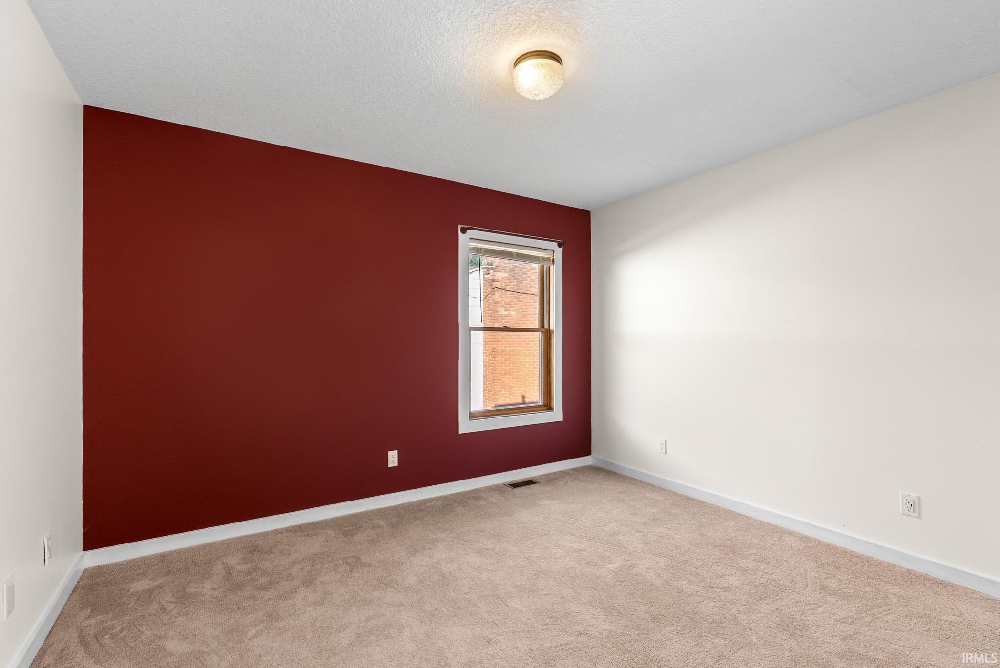 Interior room featuring carpet flooring, painted walls, a window with wood-finish trim, and a ceiling-mounted light fixture