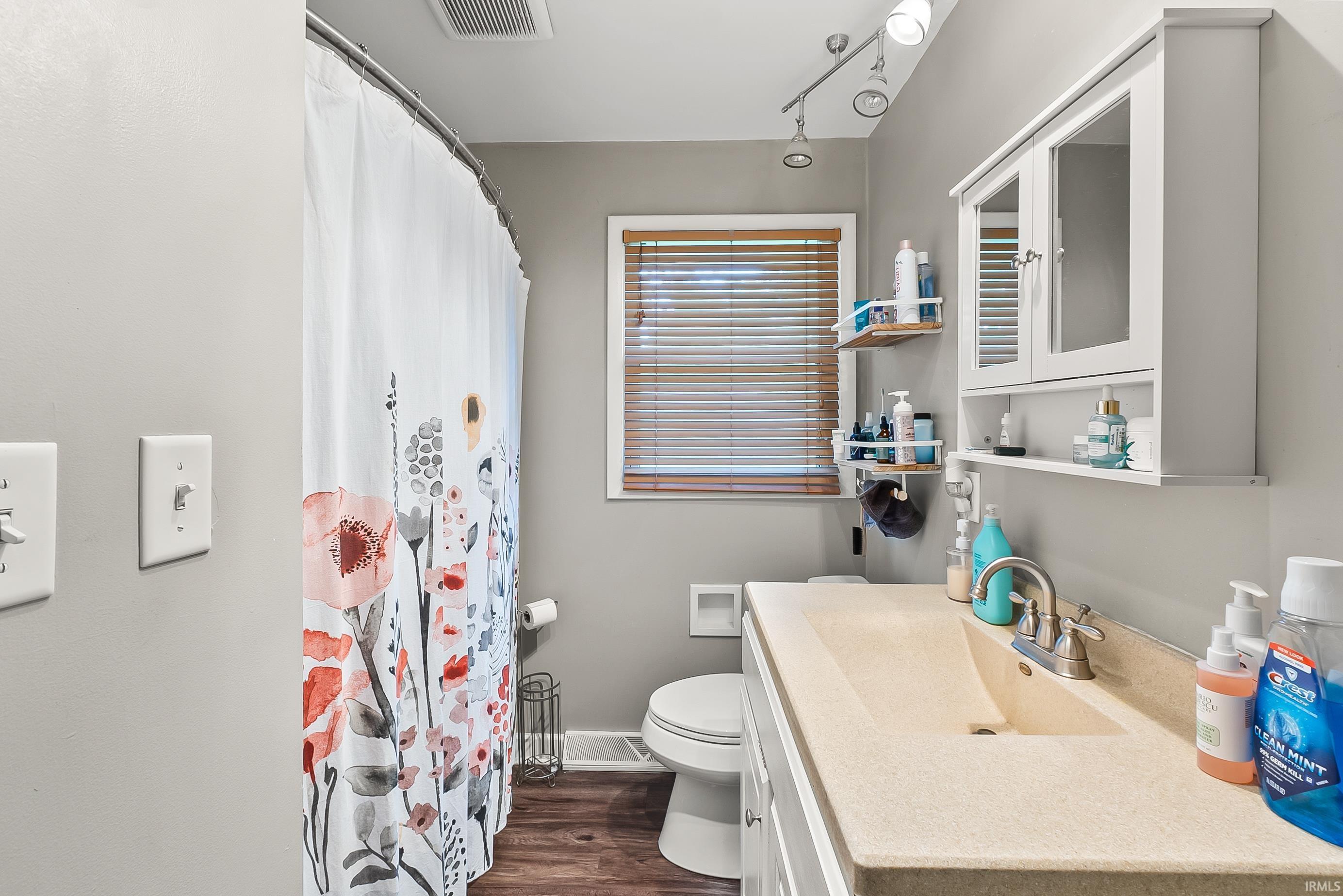 Bathroom featuring a vanity with an integrated sink, a built-in medicine cabinet, wood-finish flooring, a window with blinds, and track lighting