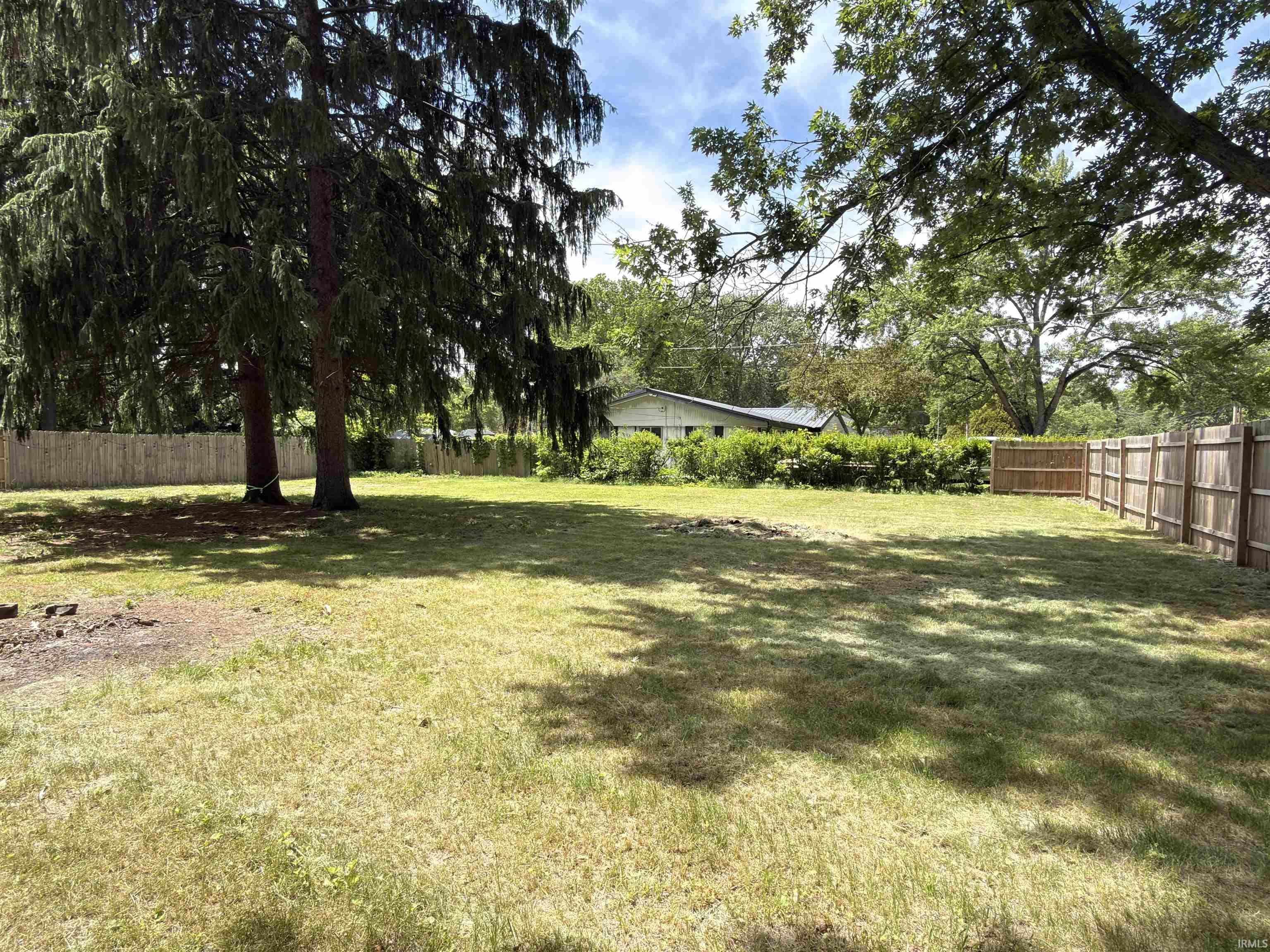Expansive grassy yard featuring mature evergreen trees and perimeter fencing