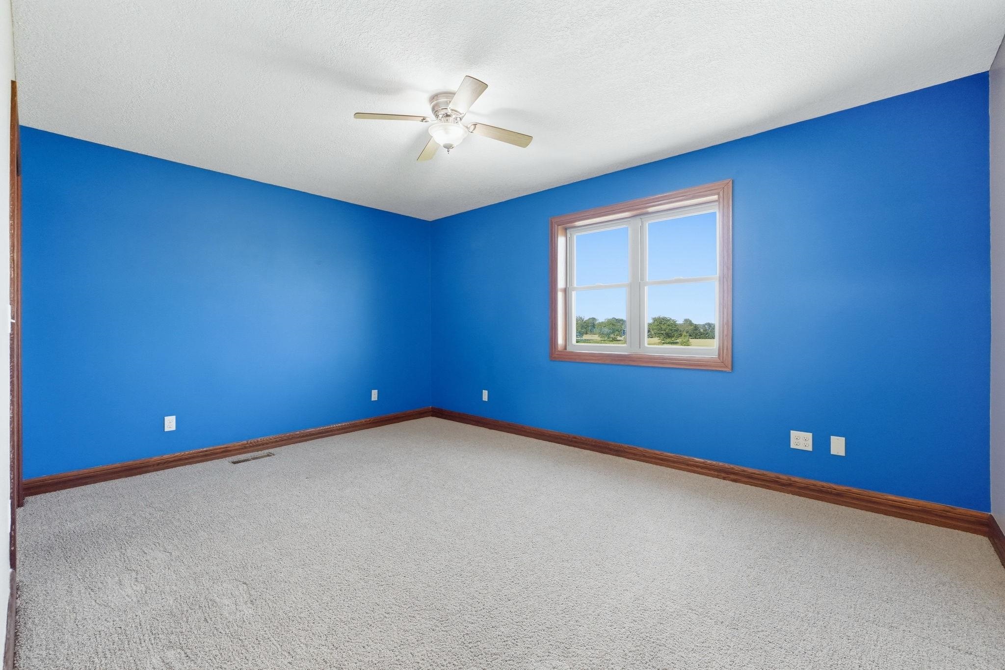 Spacious room featuring light-toned carpeting, blue painted walls, and wood-trim baseboards