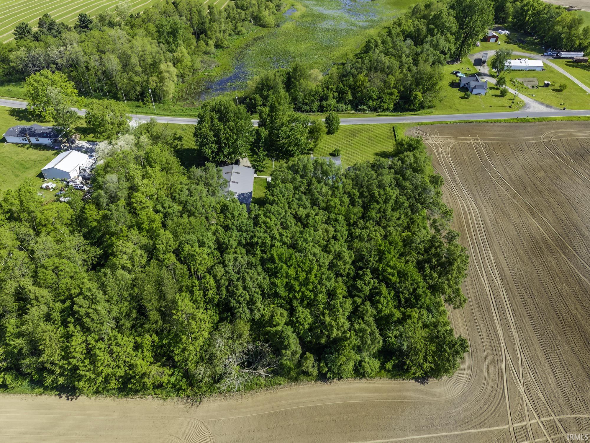 Expansive wooded lot featuring a single-story residence with a gray roof, a separate white outbuilding, and bordering agricultural land