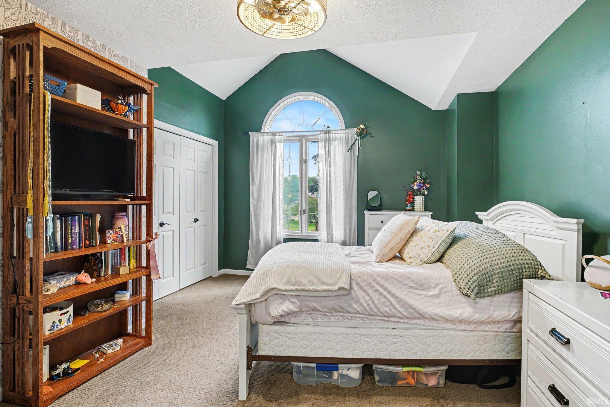 Bedroom featuring a vaulted ceiling and an arched window with an exterior outlook