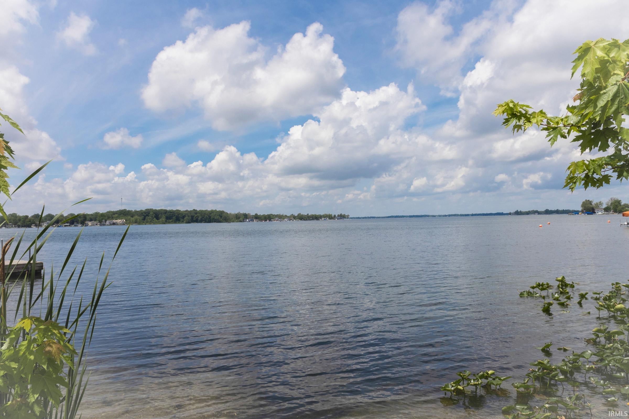 Expansive waterfront with a wooden dock and lush shoreline vegetation