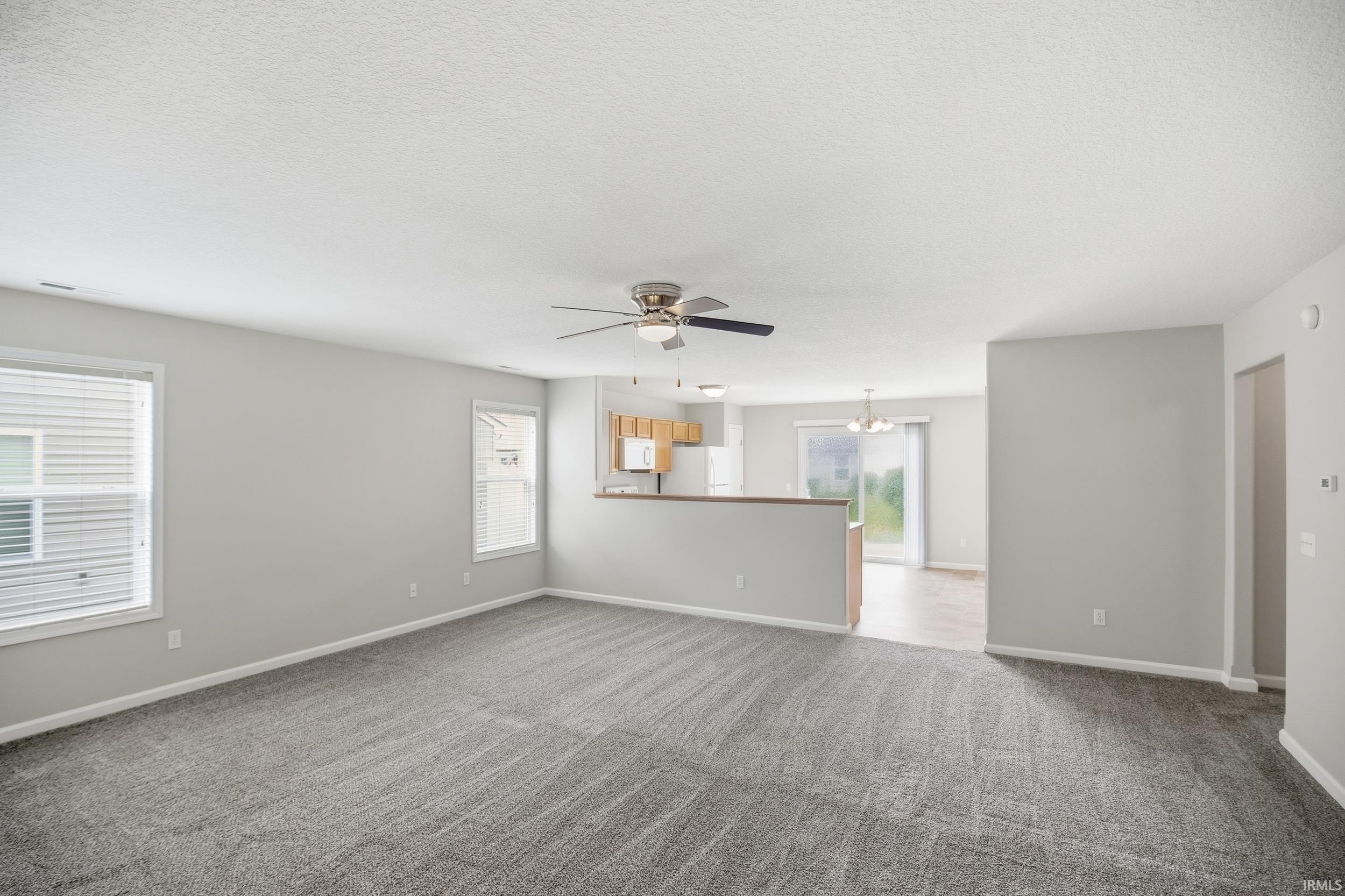 Spacious living area featuring neutral gray walls, plush gray carpet, a ceiling fan, and multiple windows