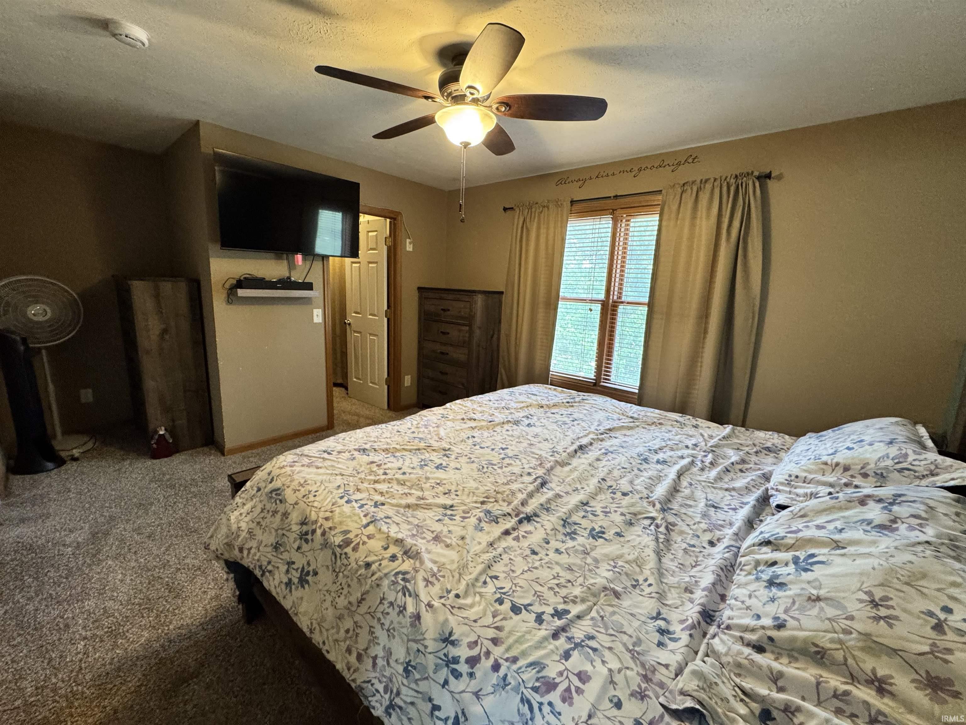 Carpeted room with a ceiling fan light fixture