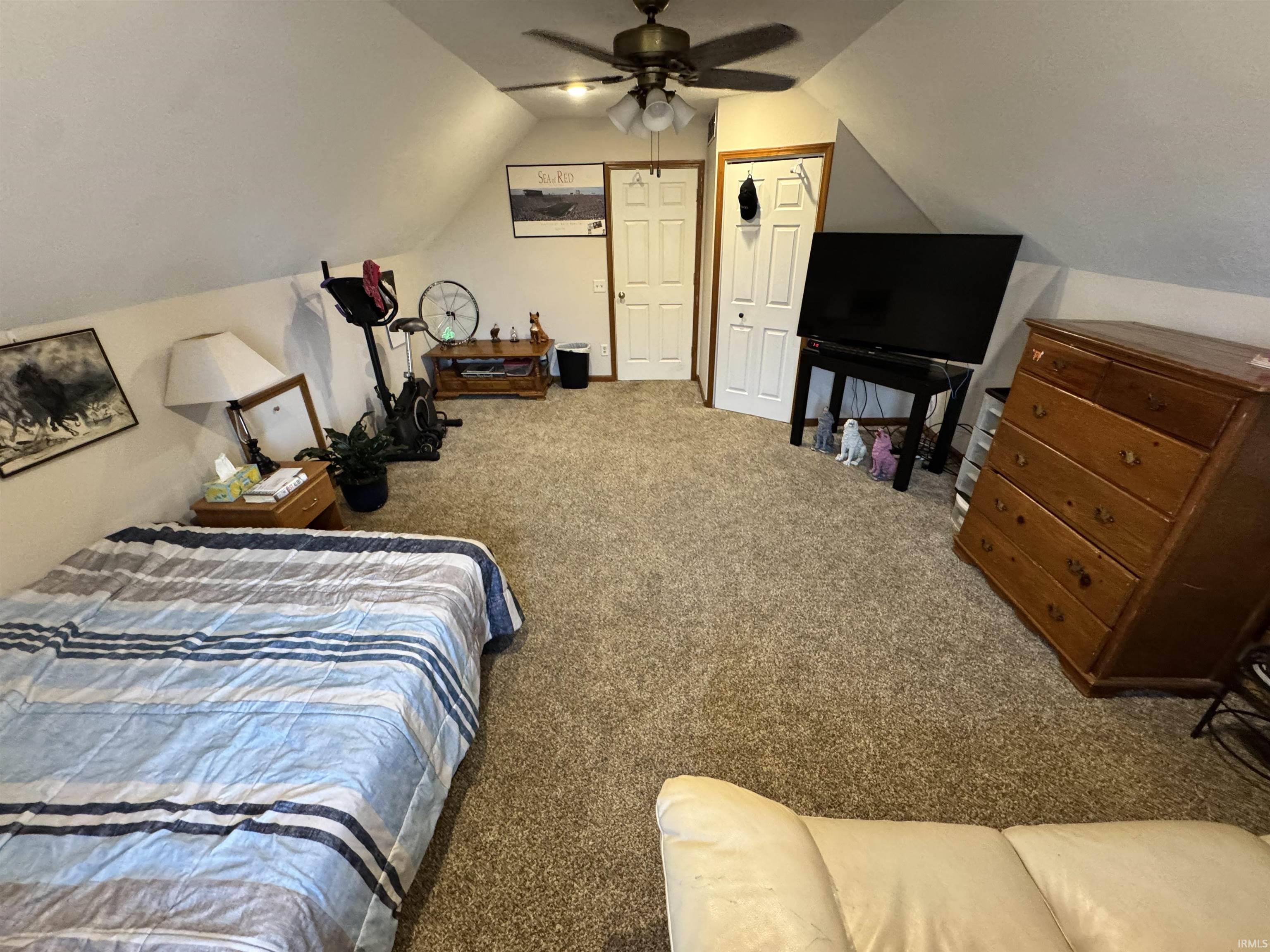 Spacious carpeted room featuring sloped ceilings, a ceiling fan, and two white panel doors