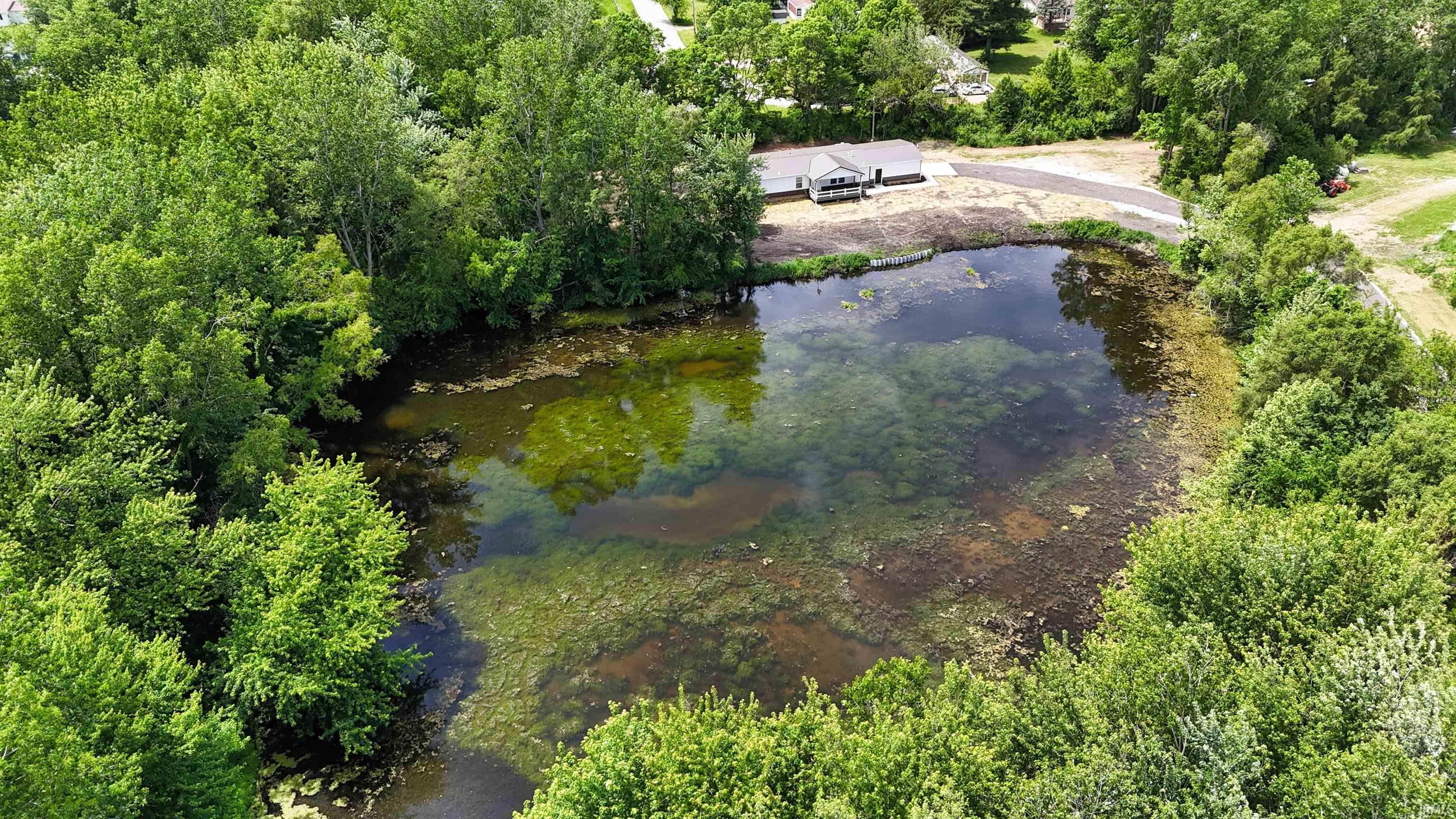 Natural pond surrounded by mature green foliage, featuring a single-story structure with a covered porch and an asphalt driveway