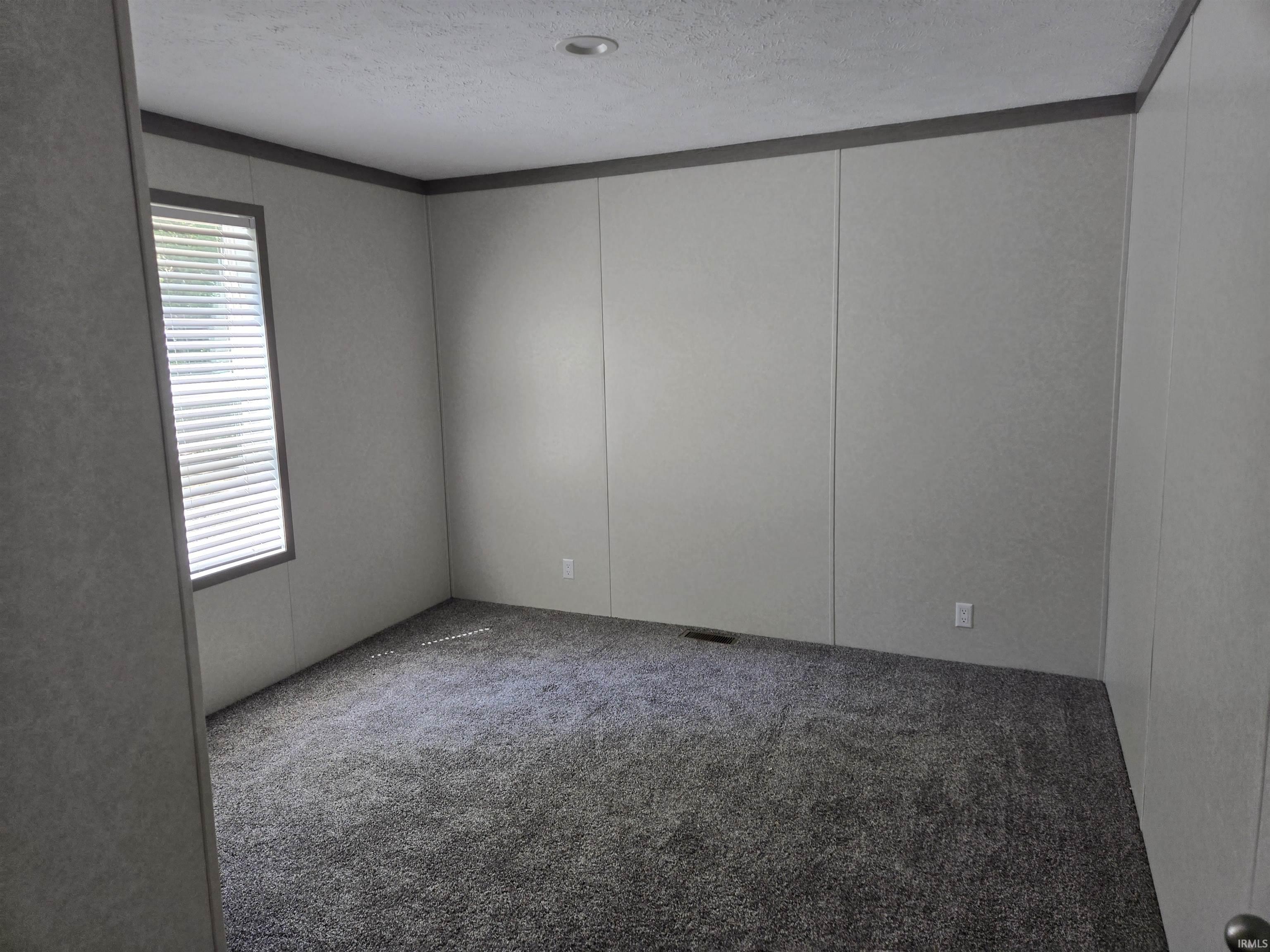 Room featuring grey speckled carpeting, light grey wall panels, and dark grey trim