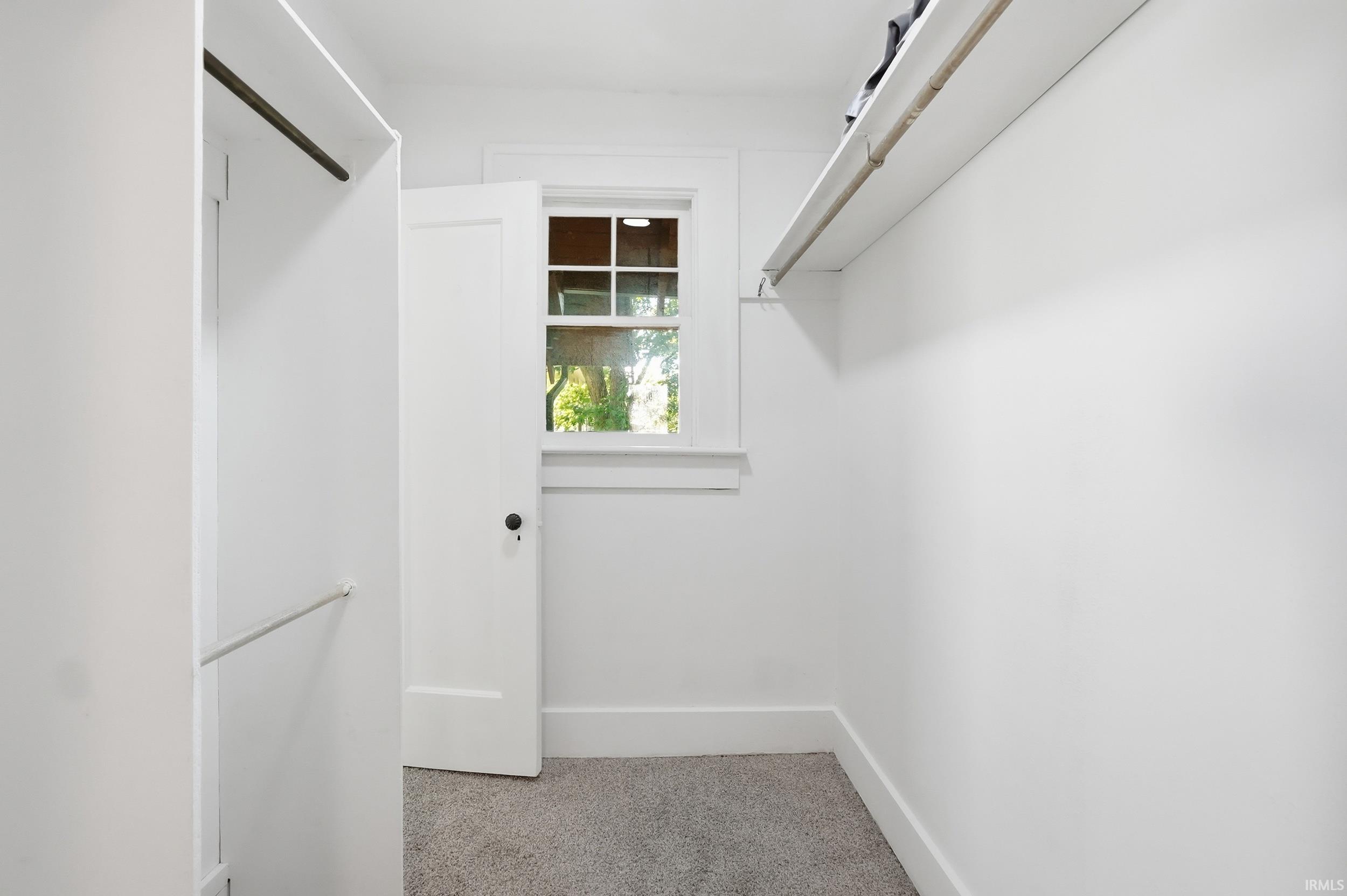 Walk-in closet featuring built-in shelving, hanging rods, light gray carpet, and a multi-pane window