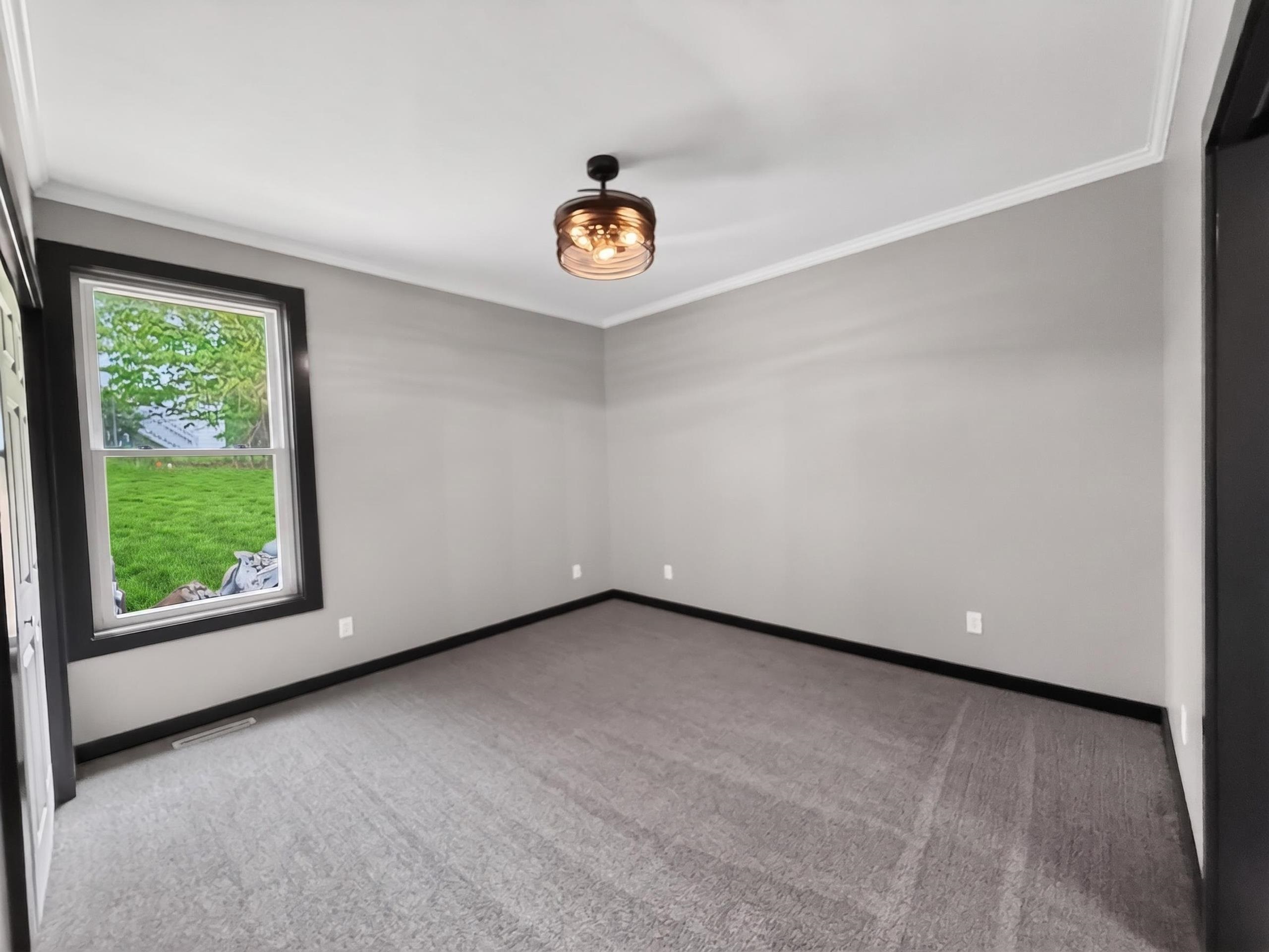 Bright room featuring plush gray carpeting, neutral gray walls, a contemporary ceiling light fixture, and crown molding