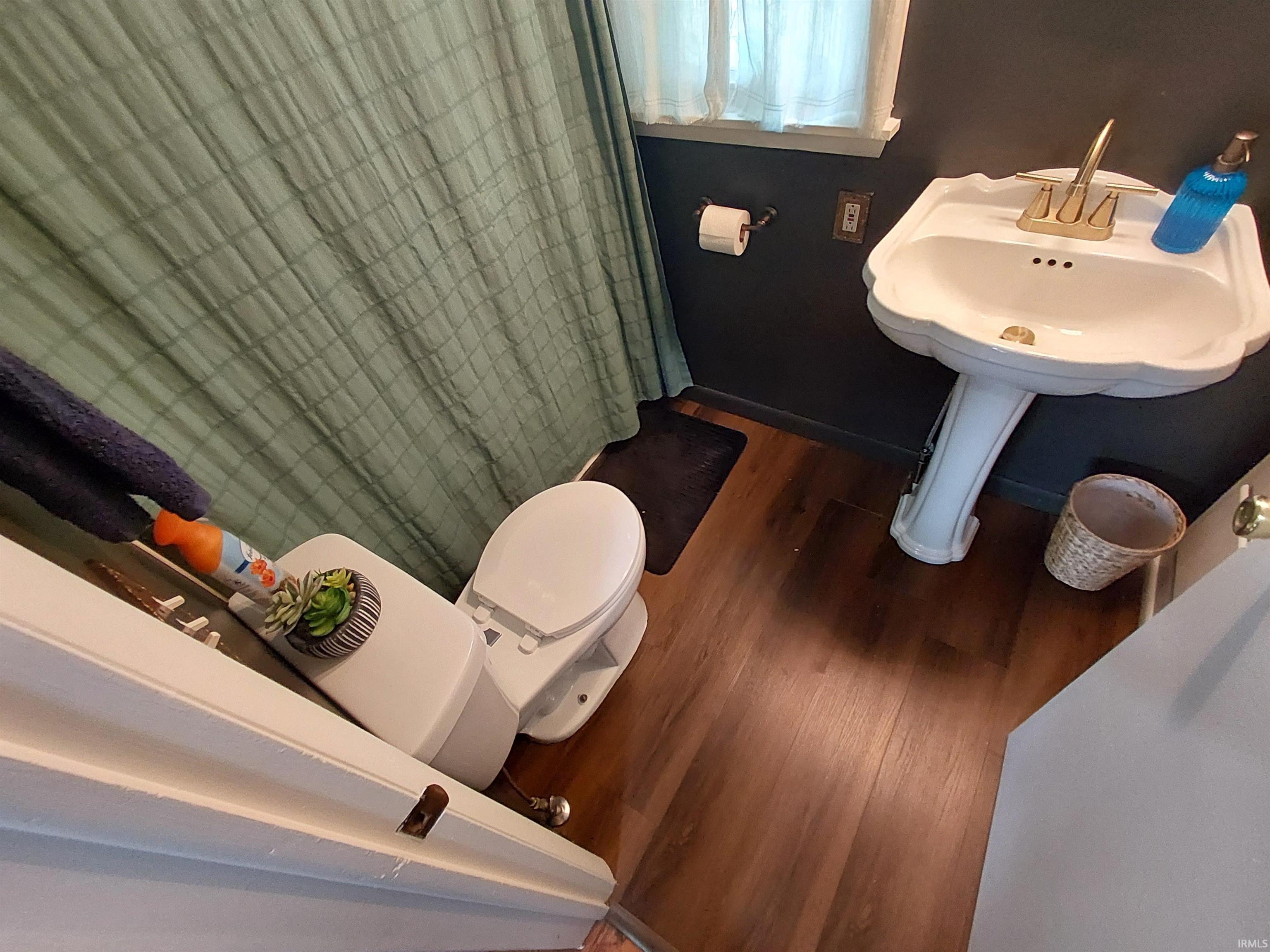 Pedestal sink with brass-finish faucet, dark-toned wall paint, wood-finish flooring, and white window trim