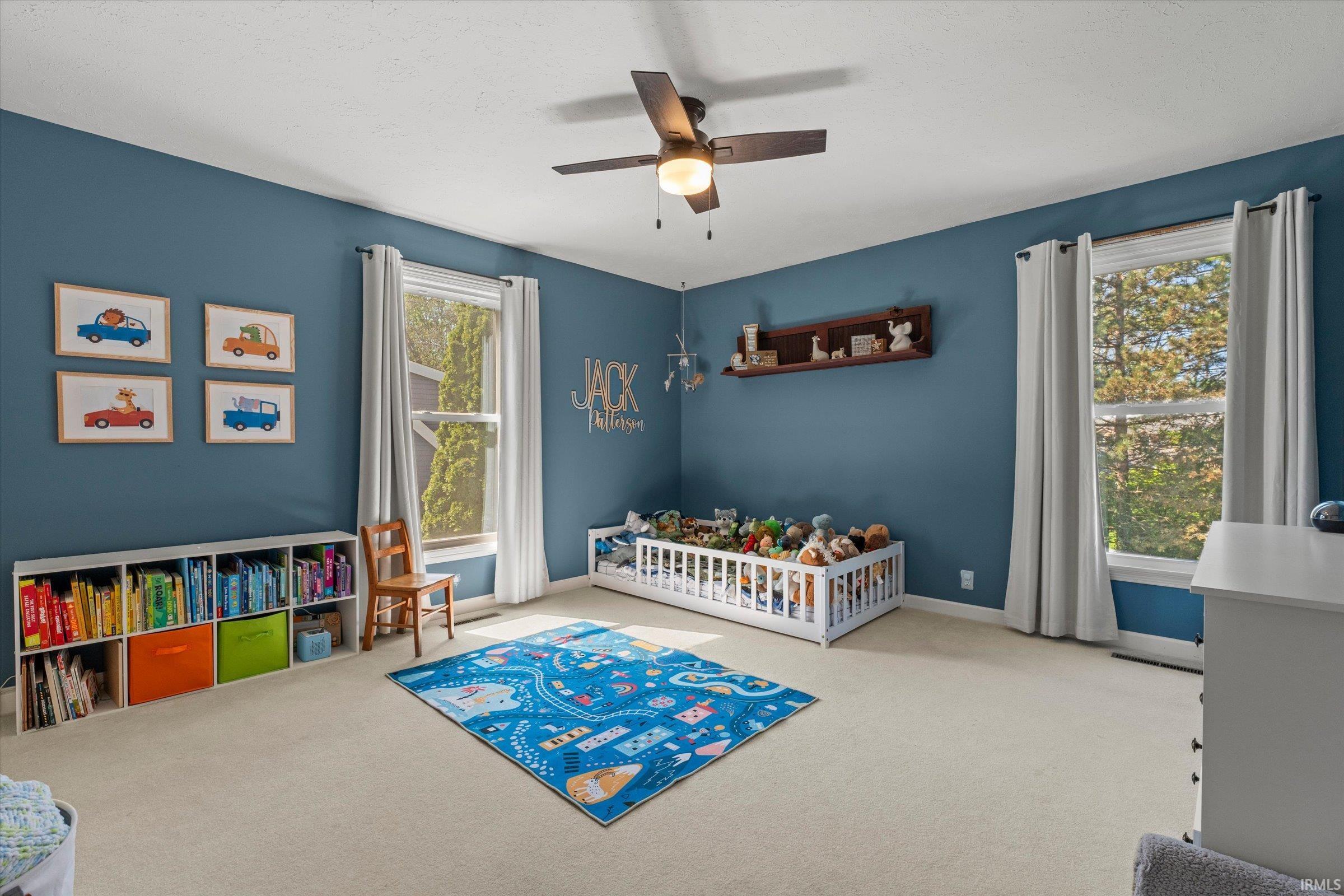 Spacious room featuring broad windows with bright natural light, neutral carpeting, a ceiling fan, and built-in shelving