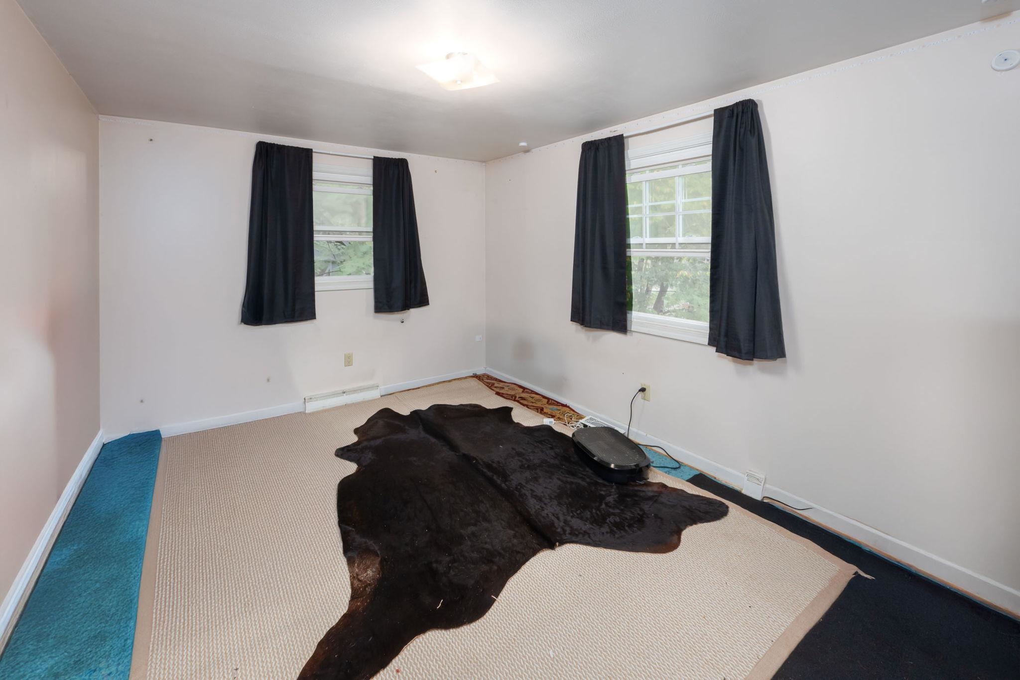 Room featuring two double-hung windows, light-colored wall finishes, baseboard trim, and a ceiling-mounted light fixture