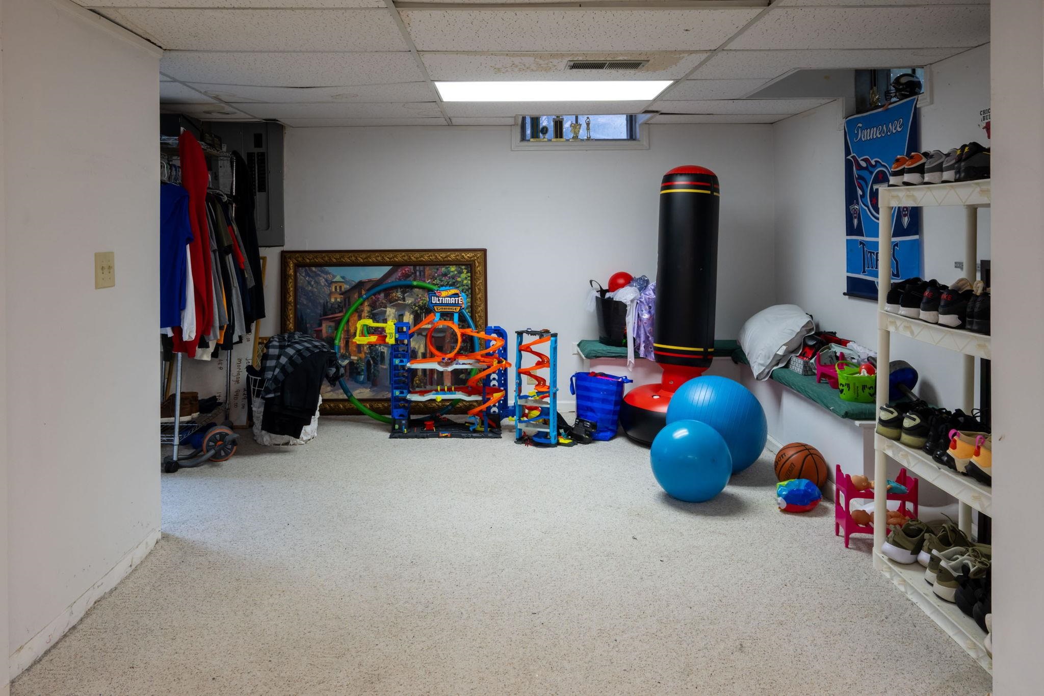 Carpeted lower level room featuring white painted walls and a drop ceiling with integrated lighting