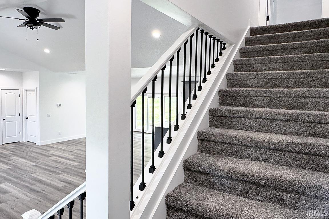 Carpeted staircase with black metal balusters and a white handrail