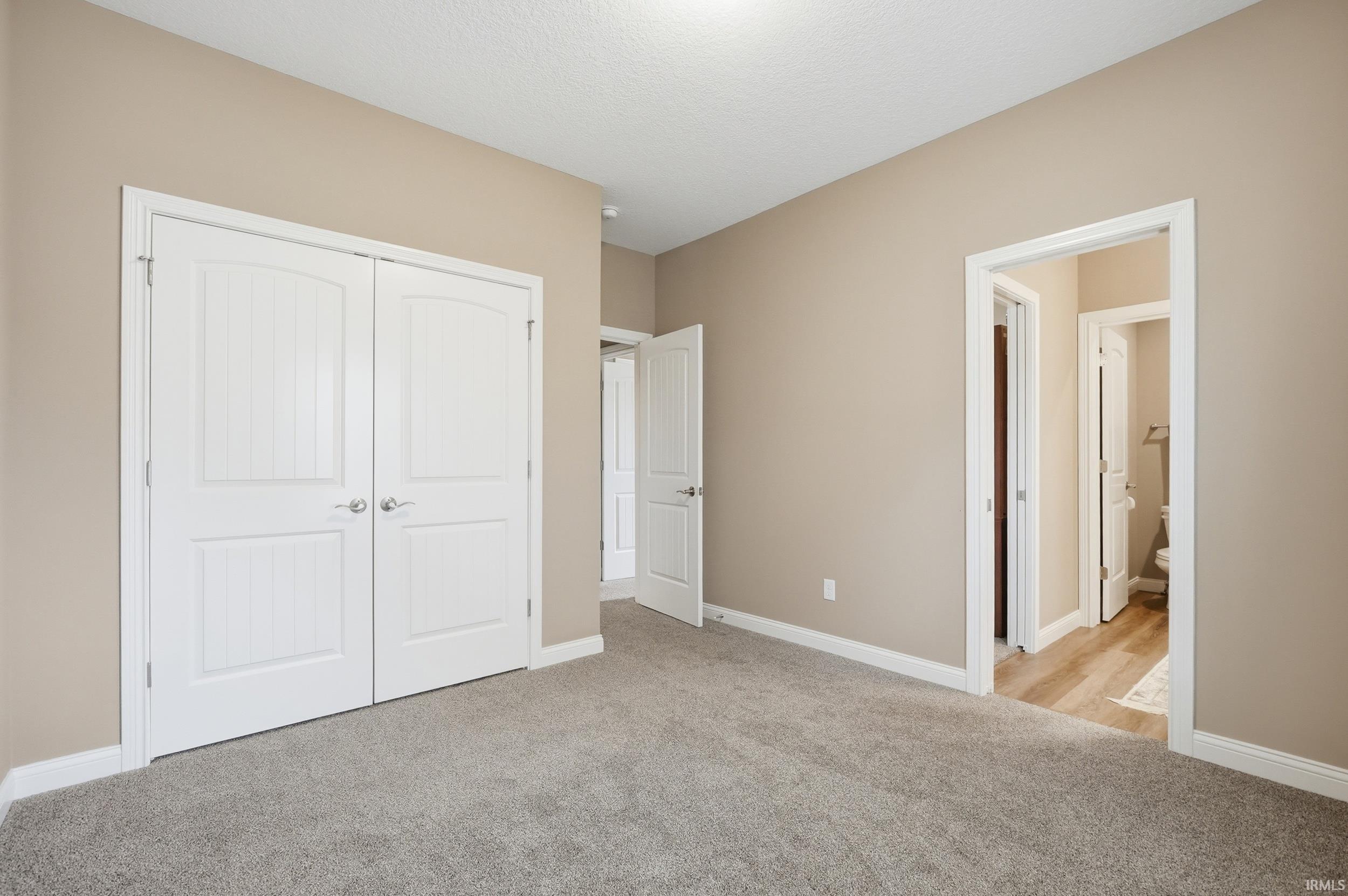 Spacious room featuring neutral-toned walls, plush grey carpeting, and white trim