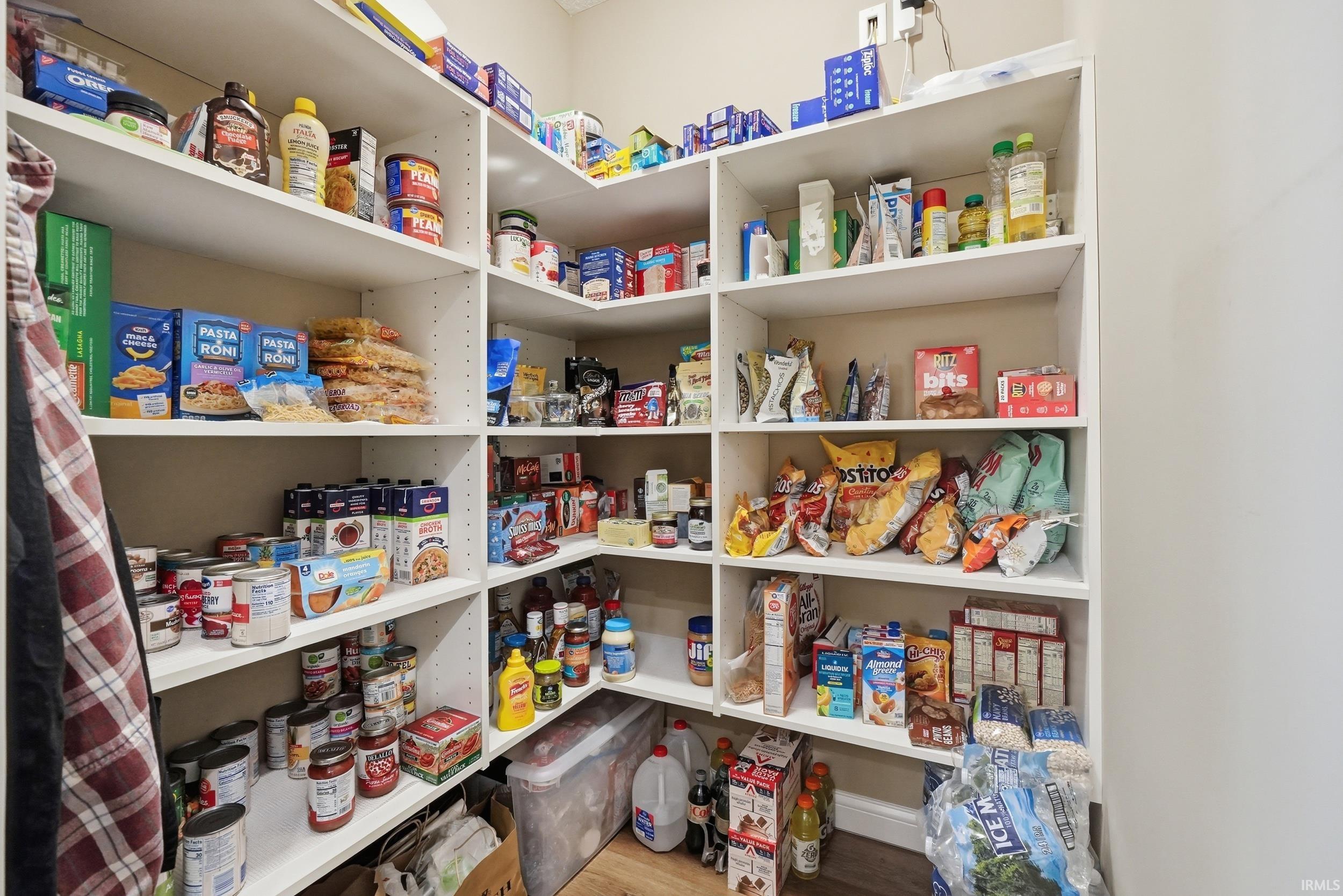 Corner pantry featuring extensive built-in shelving, wood-finish flooring, and light-toned walls