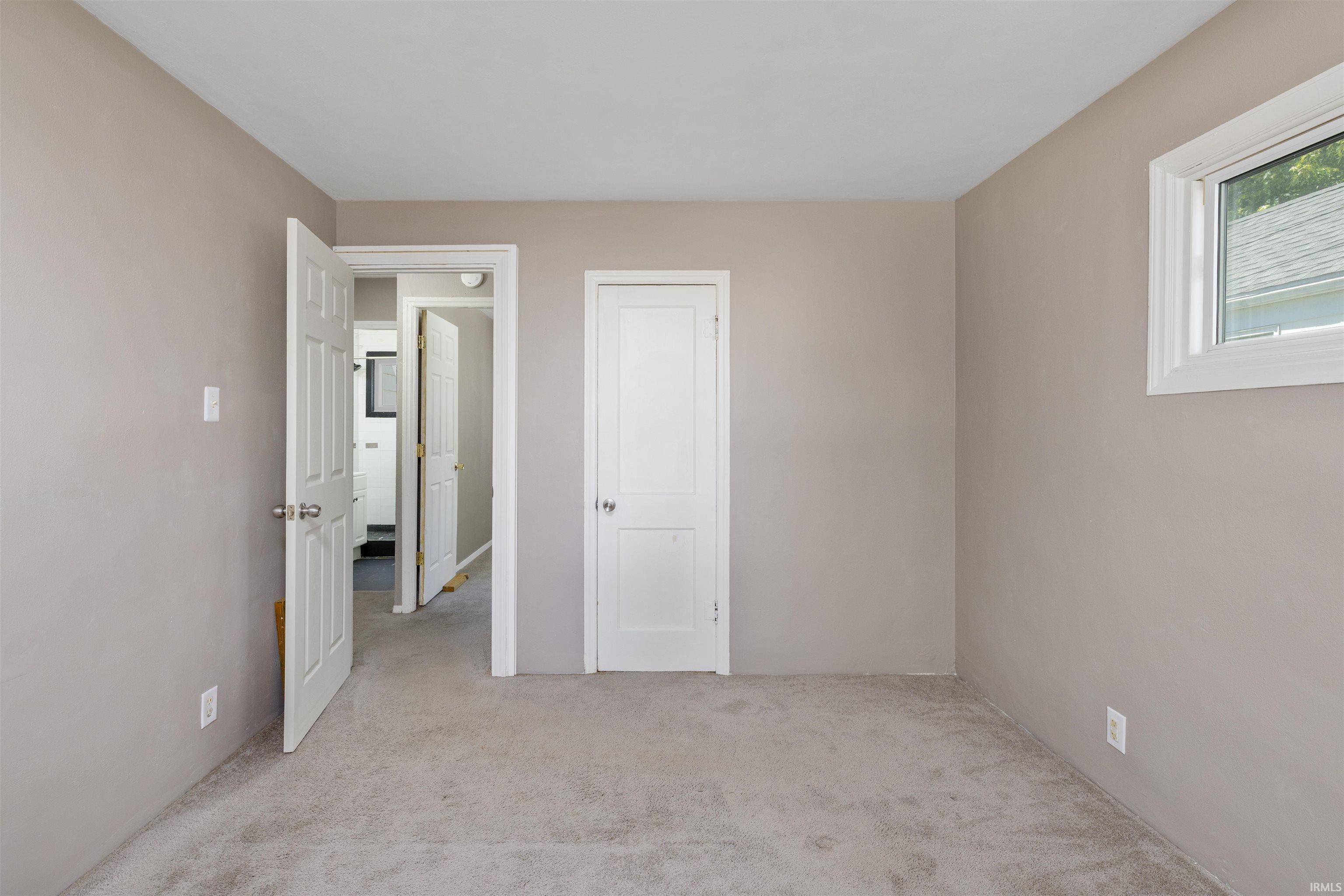Neutral tone walls with white trim, gray carpeting, a single pane window, and two paneled doors