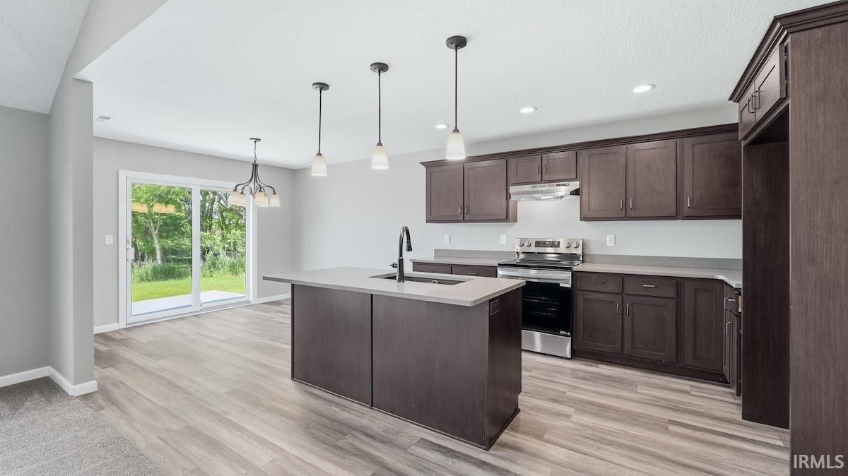 Open-concept kitchen featuring dark wood cabinetry, a central island with a sink, stainless steel appliances, and wood-finish flooring