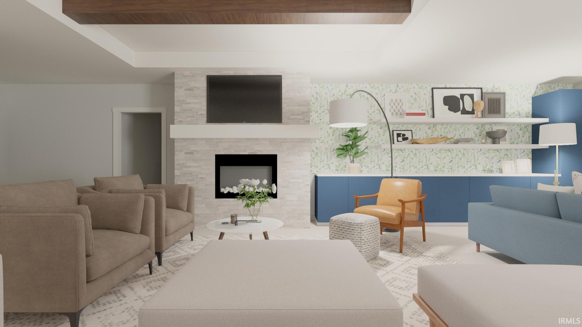 Living area featuring a textured stone fireplace surround with a white mantel, recessed electric fireplace, and dark wood-finish ceiling beam