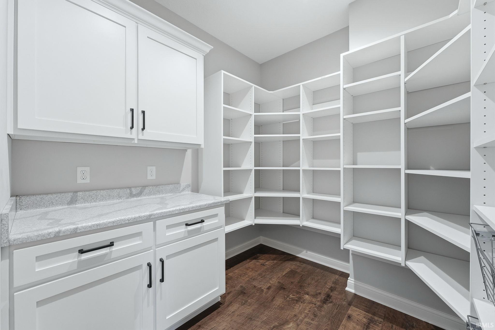 Spacious pantry featuring extensive white shelving, white cabinetry with black hardware, a light-colored countertop, and wood-finish flooring