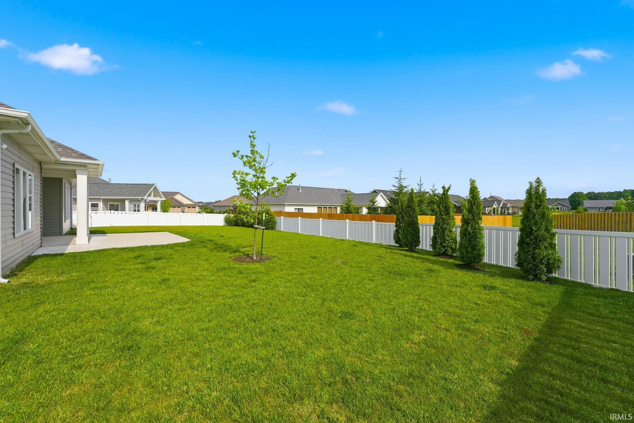 Expansive green lawn featuring a concrete patio, white privacy fencing, and a row of mature evergreen trees