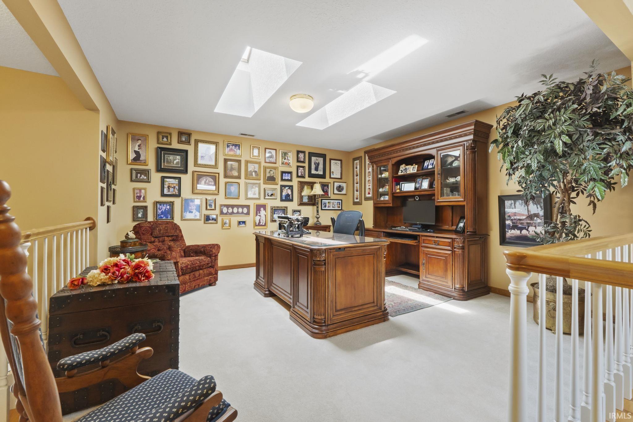 Expansive flex space featuring two skylights, a built-in wood-finish desk unit, and light-toned carpeting