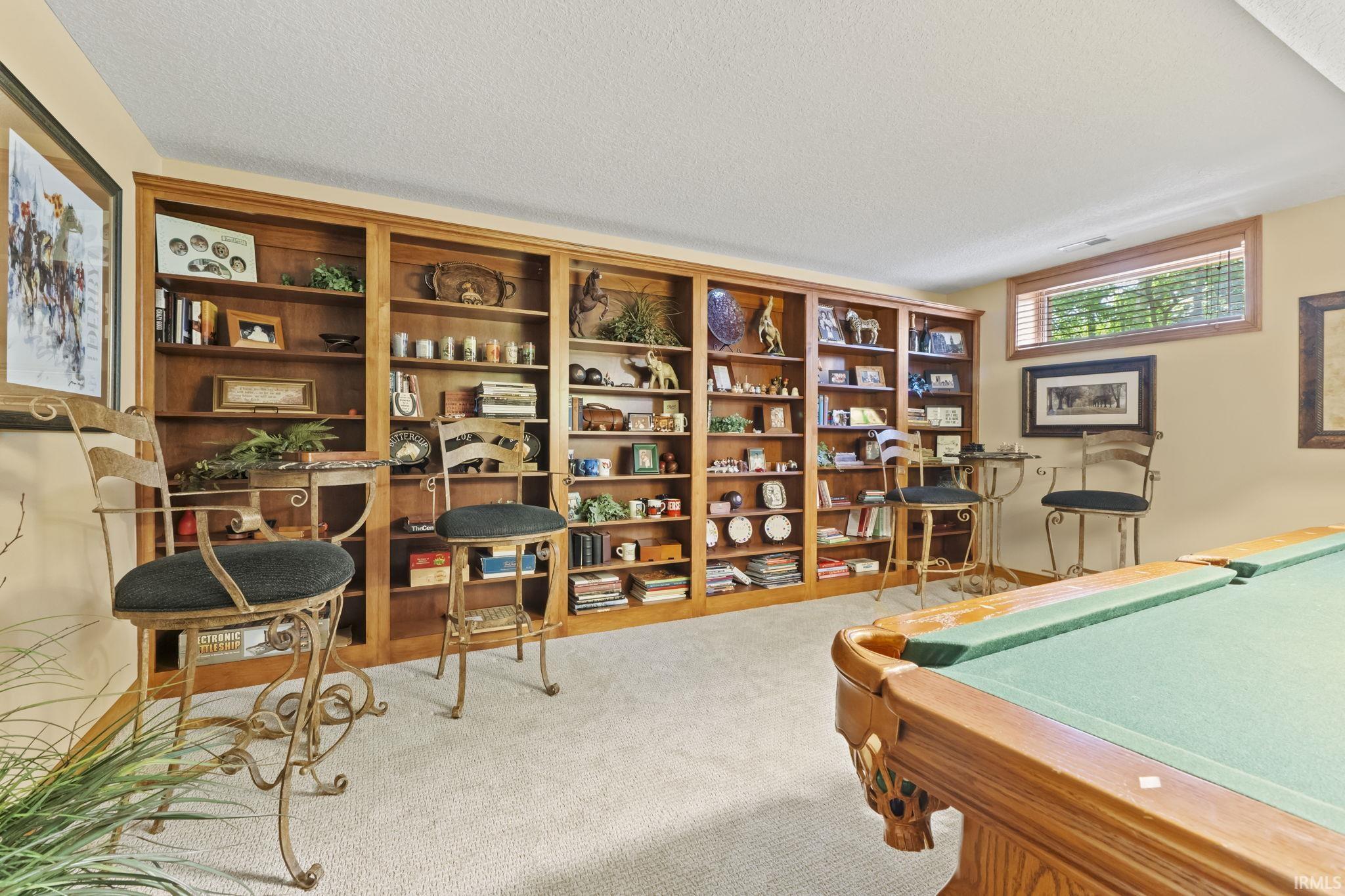 Expansive room featuring a full wall of built-in wood bookcases, light-toned carpeting, and a window with wood blinds