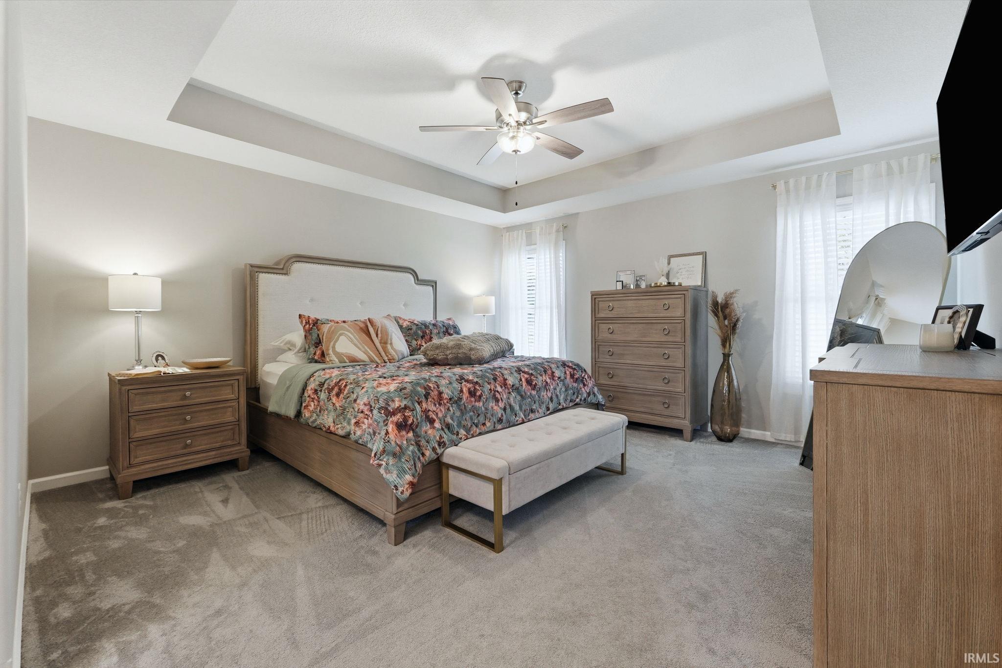 Spacious room featuring a tray ceiling, ceiling fan, carpeting, and multiple windows
