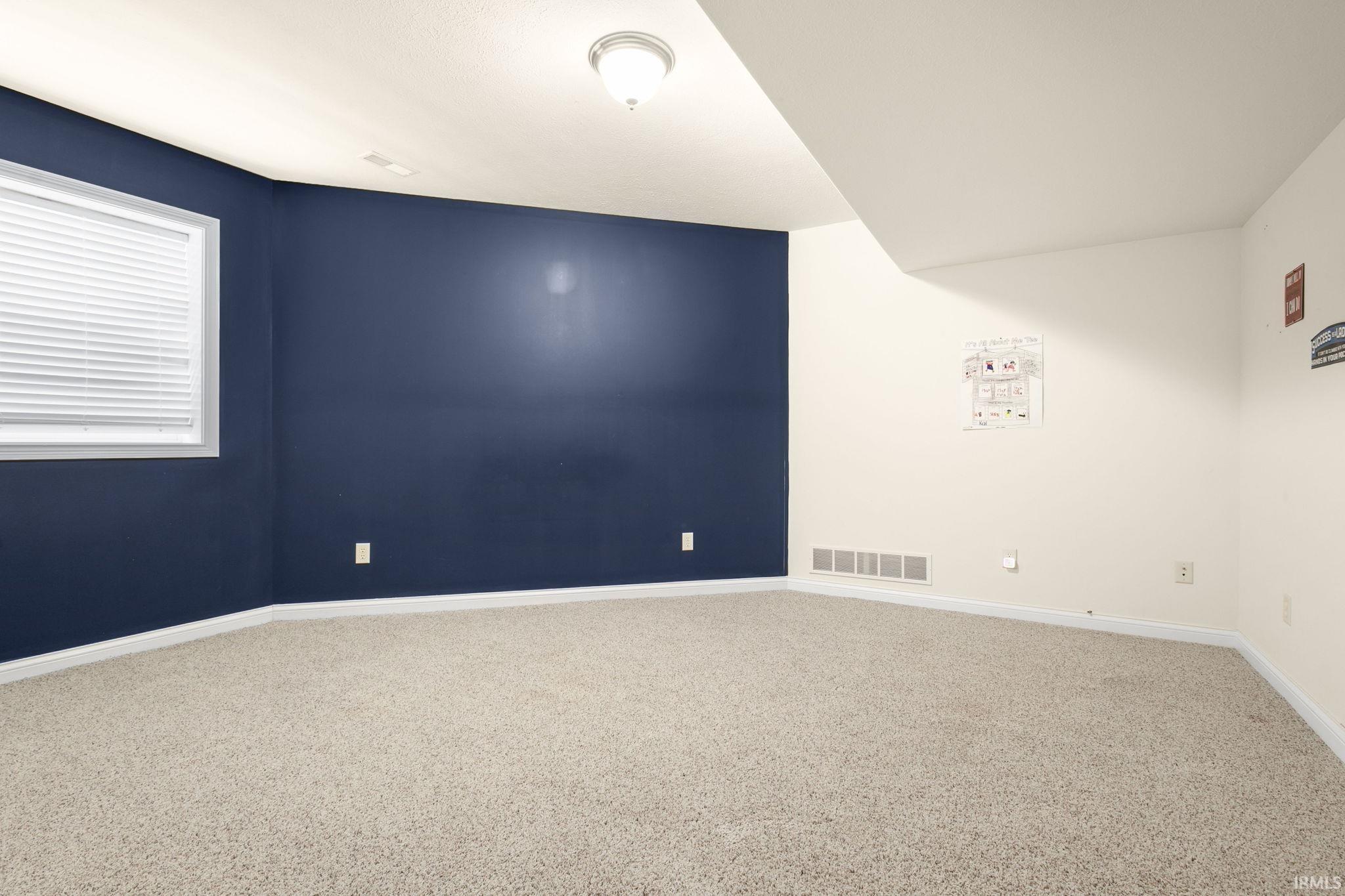 Spacious room featuring neutral carpeting, a window with horizontal blinds, and a combination of white and navy painted walls