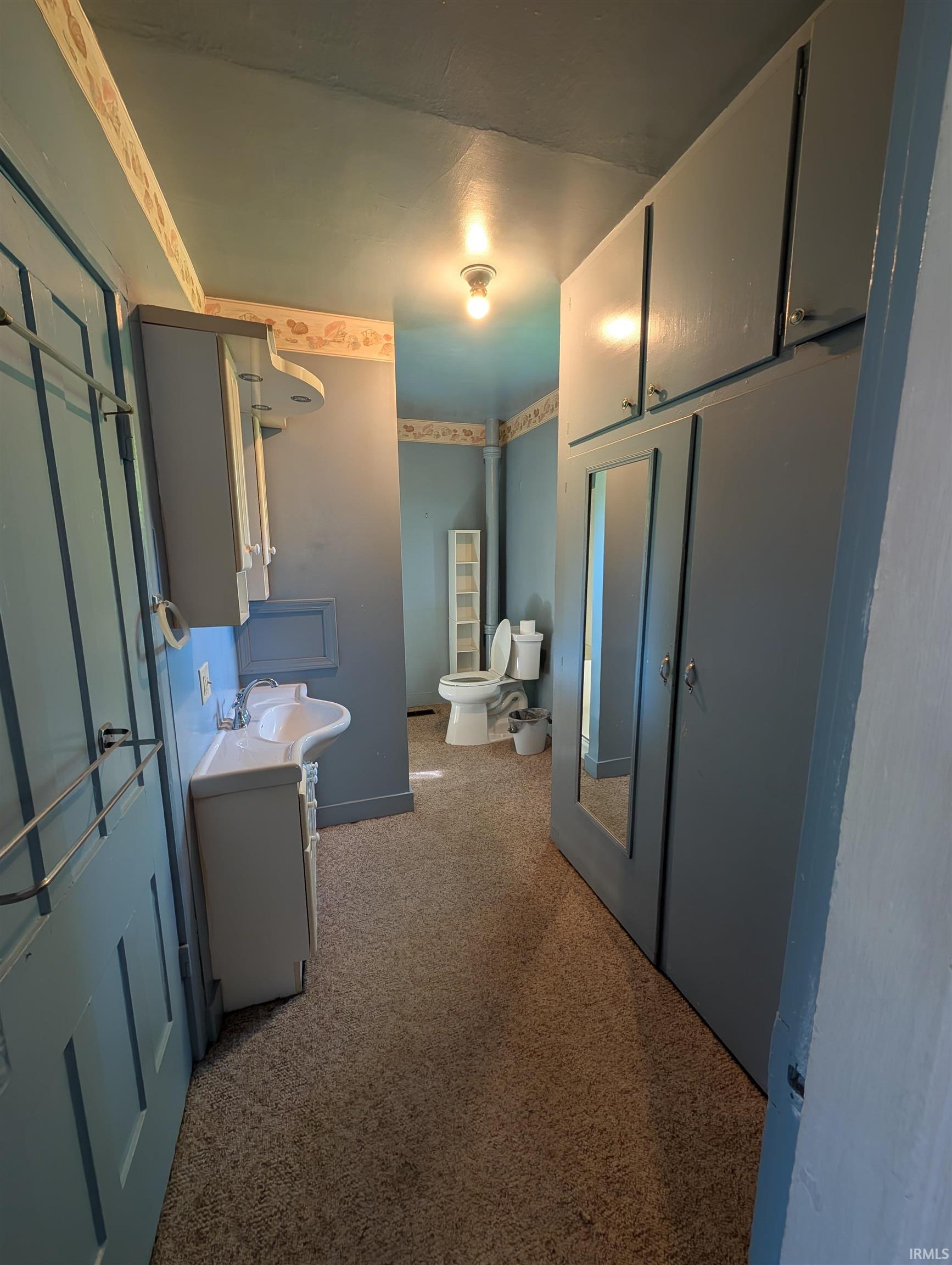 Bathroom featuring a pedestal sink, wall-mounted mirror, and wall-to-wall carpeting