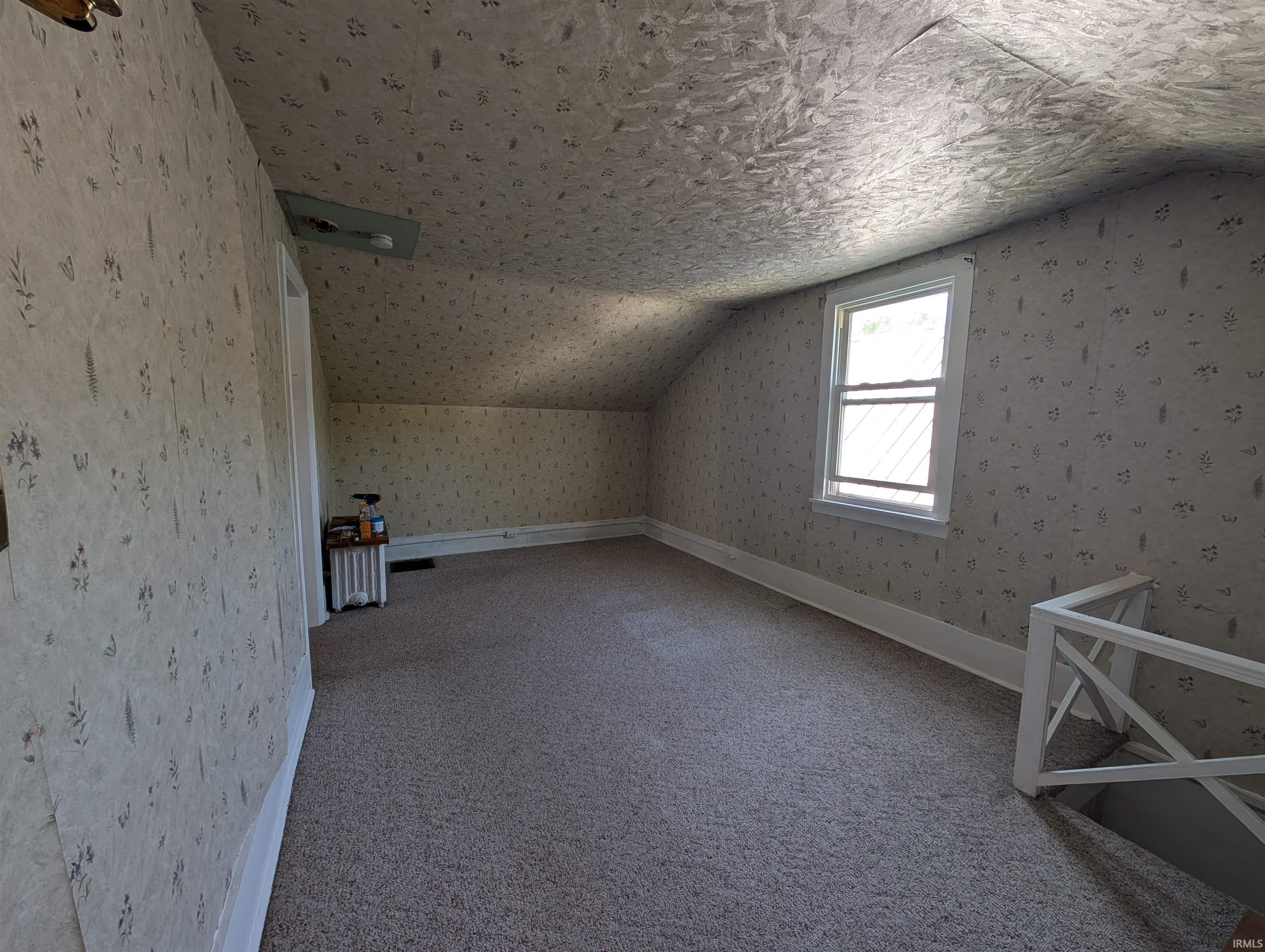 Carpeted room featuring a window and sloped ceilings