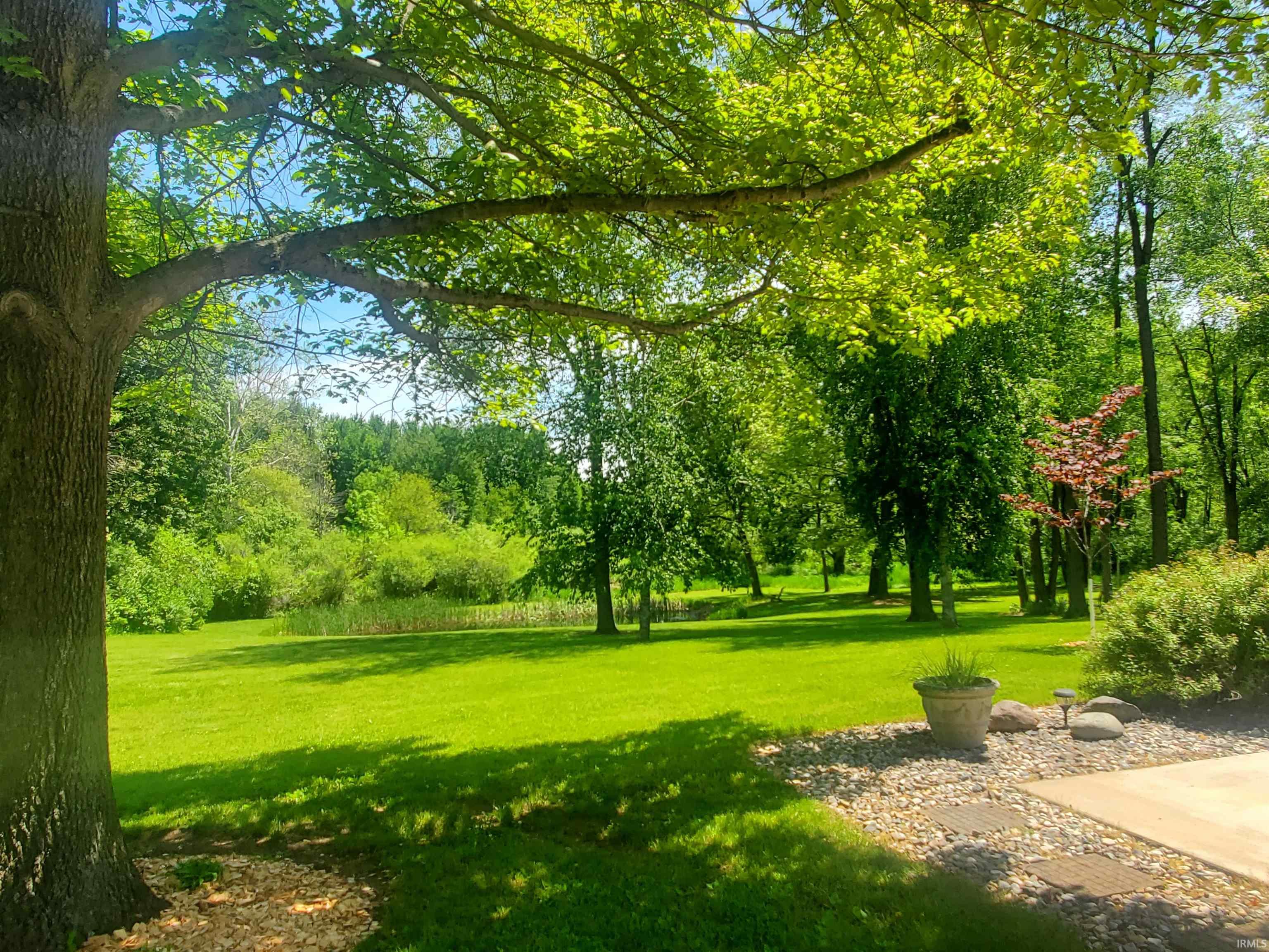Expansive lawn featuring mature trees and lush perimeter foliage
