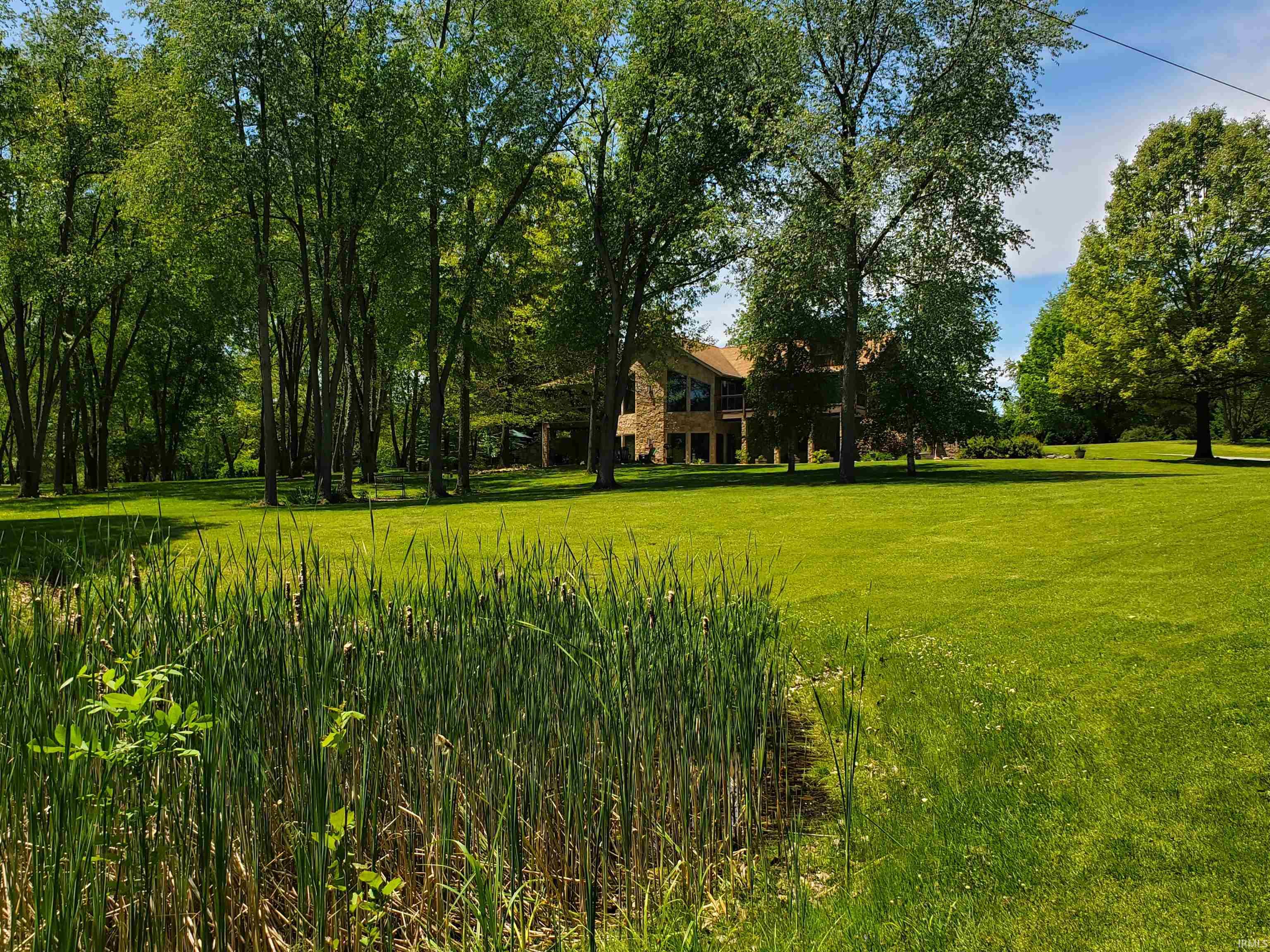 Expansive green lawn with mature trees and a natural wetland area