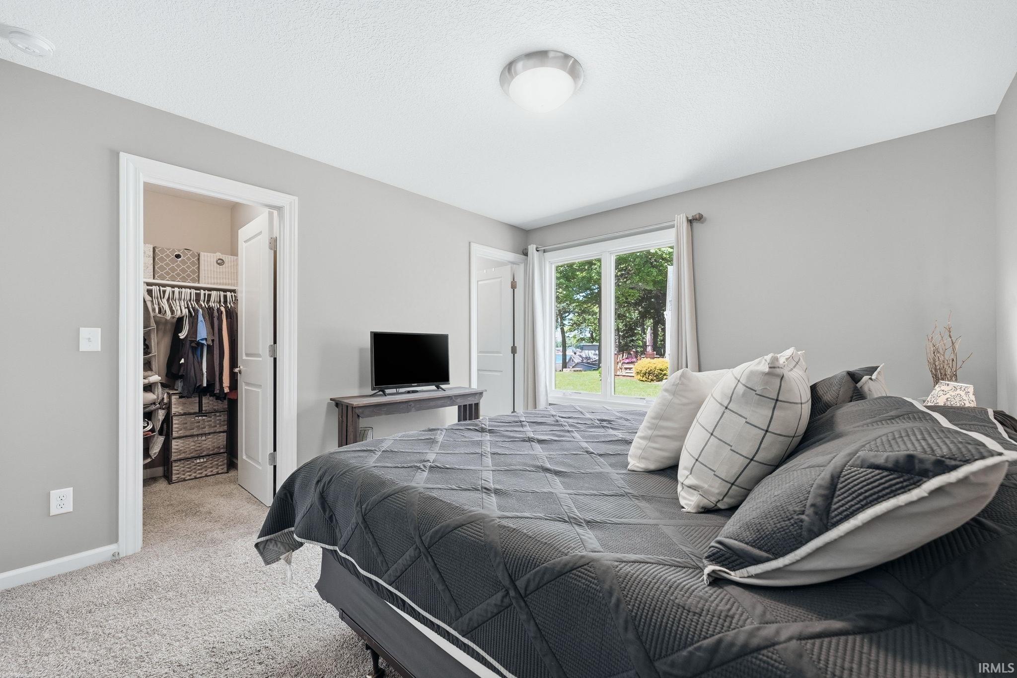 Carpeted room with a ceiling-mounted light fixture, a window with outdoor landscaping, and a visible closet with built-in shelving