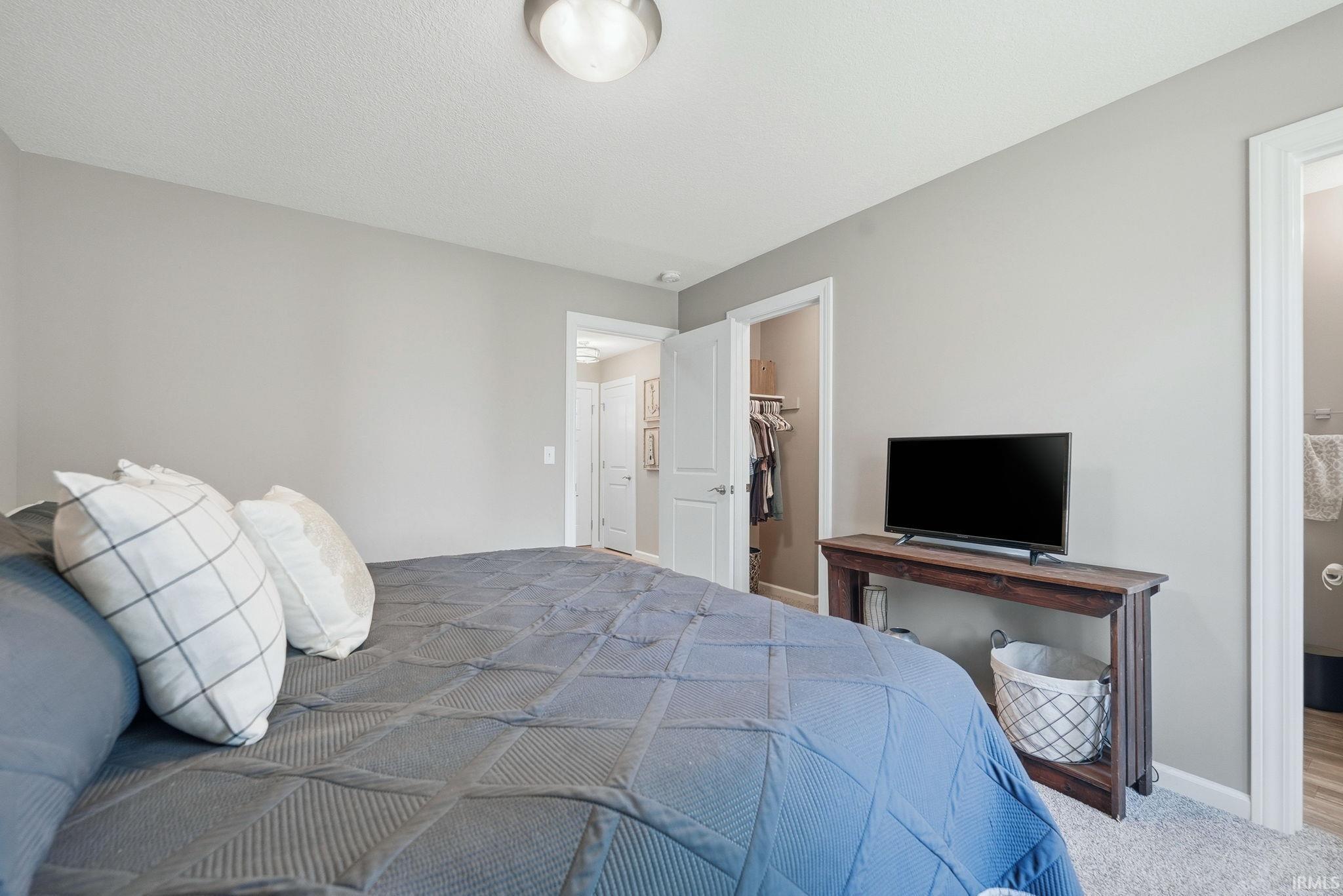 Neutral tone walls complement the light gray carpeting